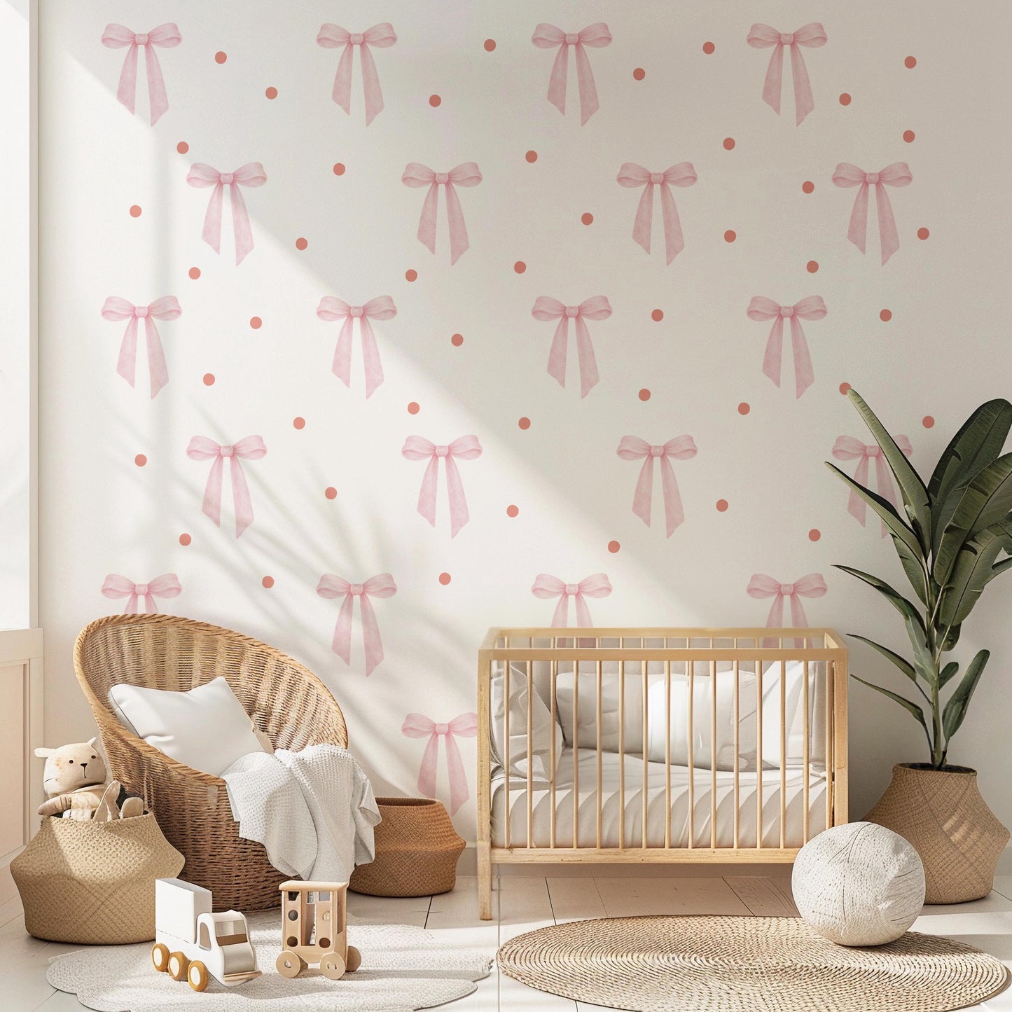 Pink Bow Wall Stickers with Polka Dots, Coquette Nursery Decor, Baby Girl Room Decals, Soft Pink Bow Wall Decals, Peel and Stick Nursery