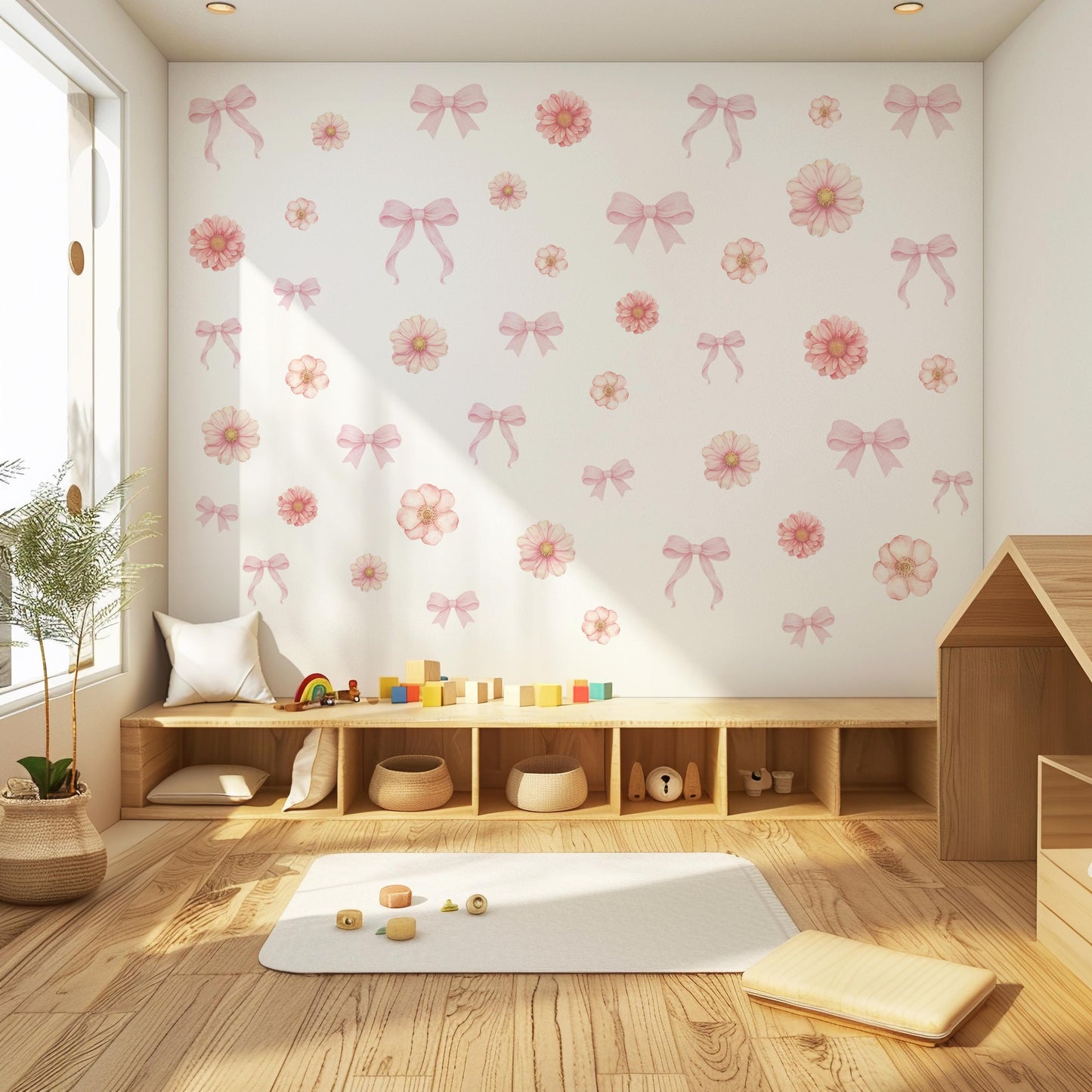 Pink Floral Bow Wall Stickers, Coquette Nursery Decor, Baby Girl Room Decals, Watercolor Flower Wall Decals, Peel and Stick Nursery