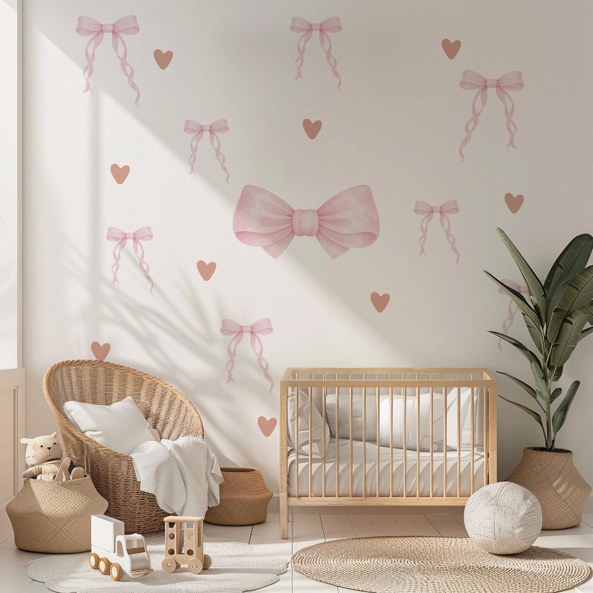Pink Bow and Heart Wall Stickers, Coquette Nursery Decor, Baby Girl Wall Decals, Soft Pink Nursery Stickers, Peel and Stick Bow Decals