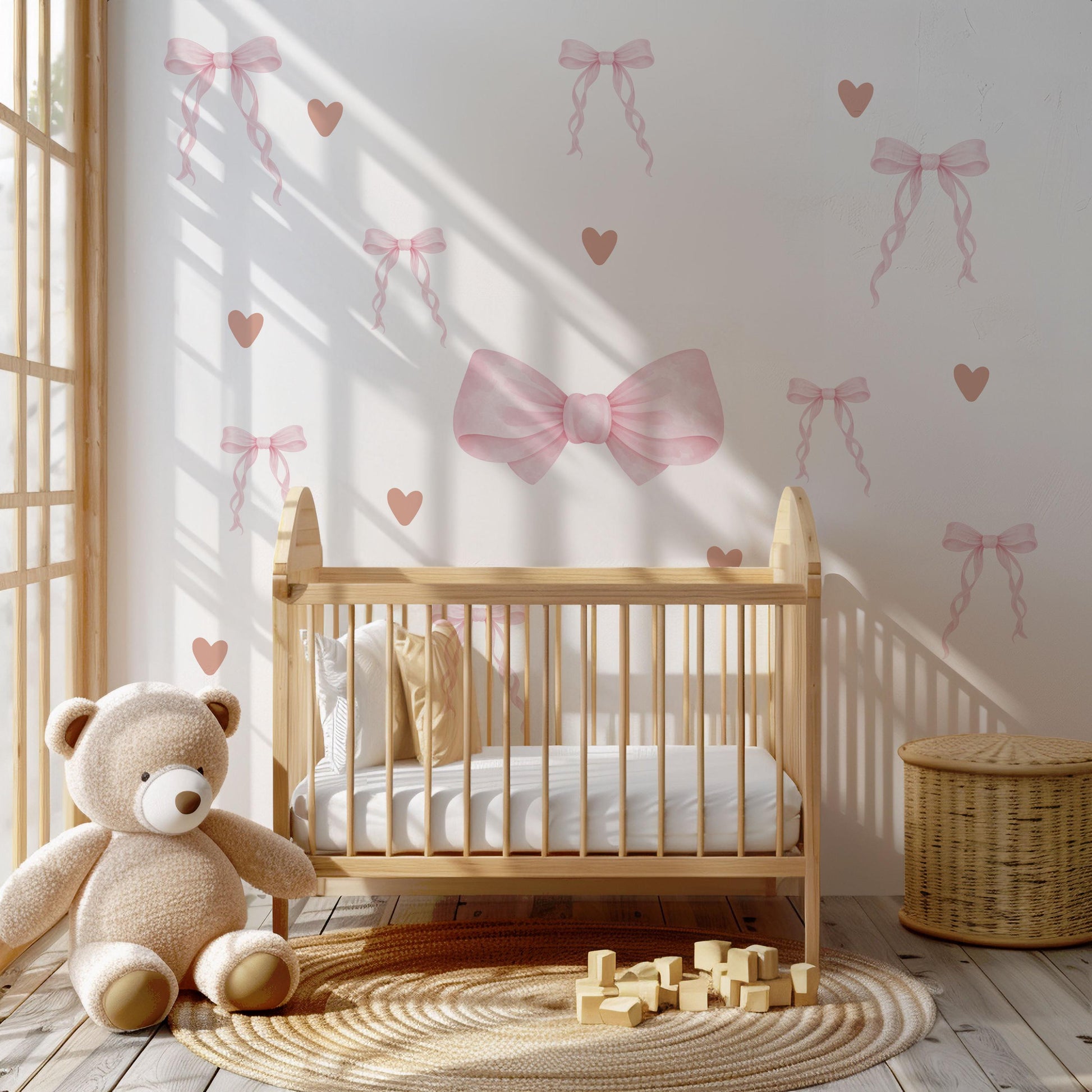Pink Bow and Heart Wall Stickers, Coquette Nursery Decor, Baby Girl Wall Decals, Soft Pink Nursery Stickers, Peel and Stick Bow Decals