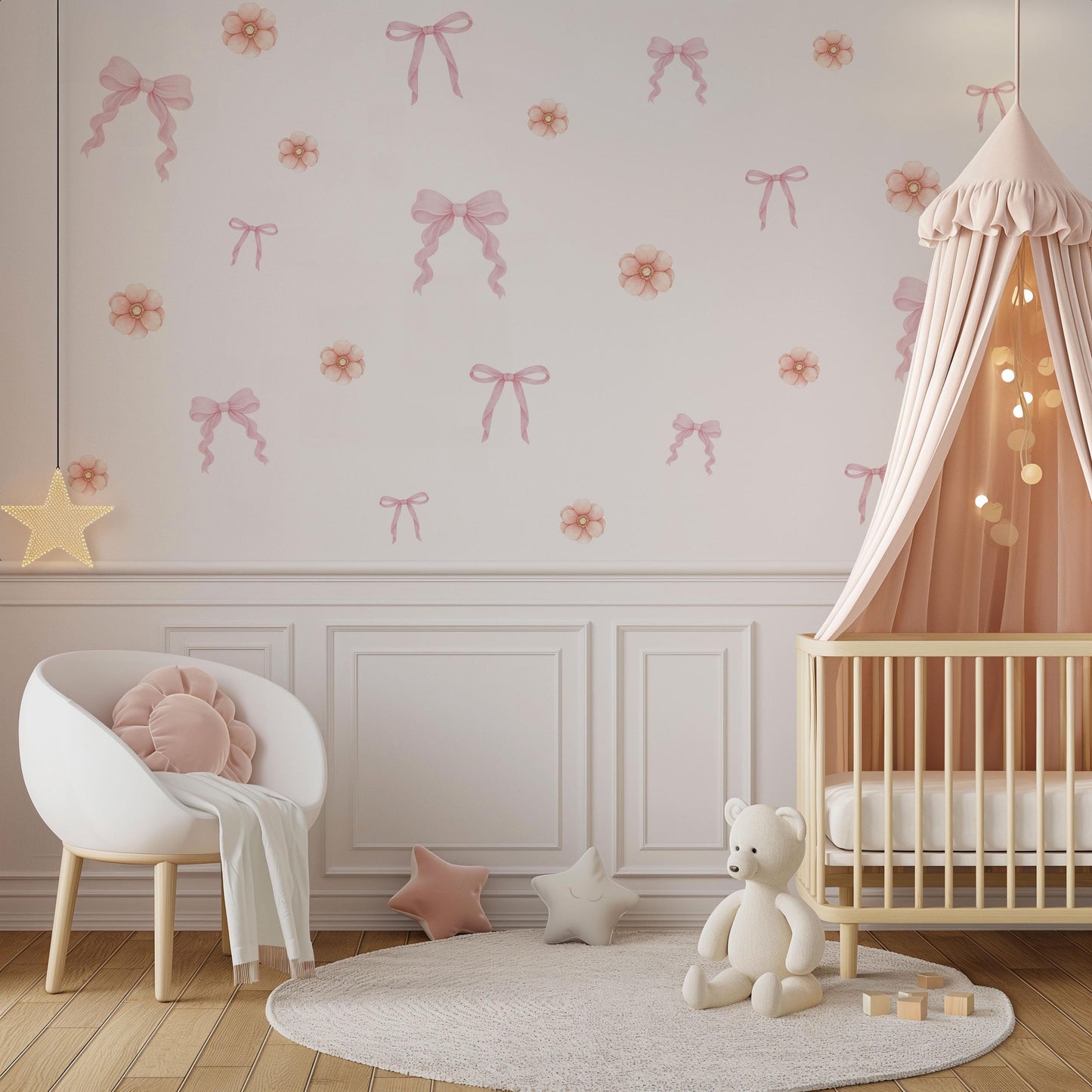 Pink Bow & Floral Wall Stickers, Coquette Nursery Decor, Baby Girl Room Decals, Peel and Stick Nursery Wall Art, Soft Pink Flower Decals