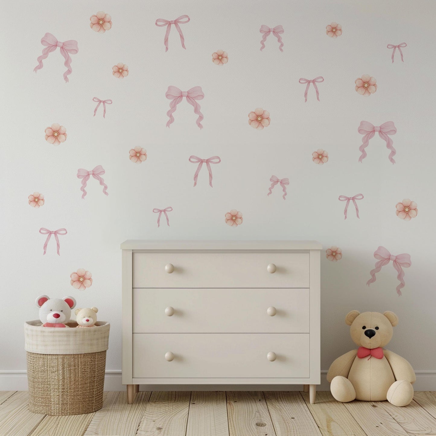 Pink Bow & Floral Wall Stickers, Coquette Nursery Decor, Baby Girl Room Decals, Peel and Stick Nursery Wall Art, Soft Pink Flower Decals
