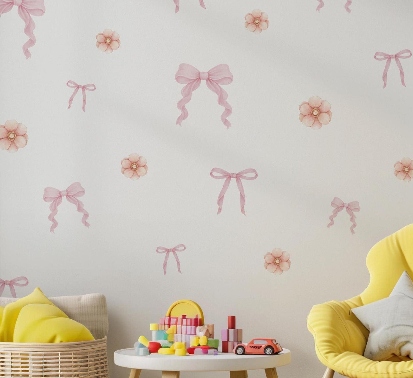Pink Bow & Floral Wall Stickers, Coquette Nursery Decor, Baby Girl Room Decals, Peel and Stick Nursery Wall Art, Soft Pink Flower Decals
