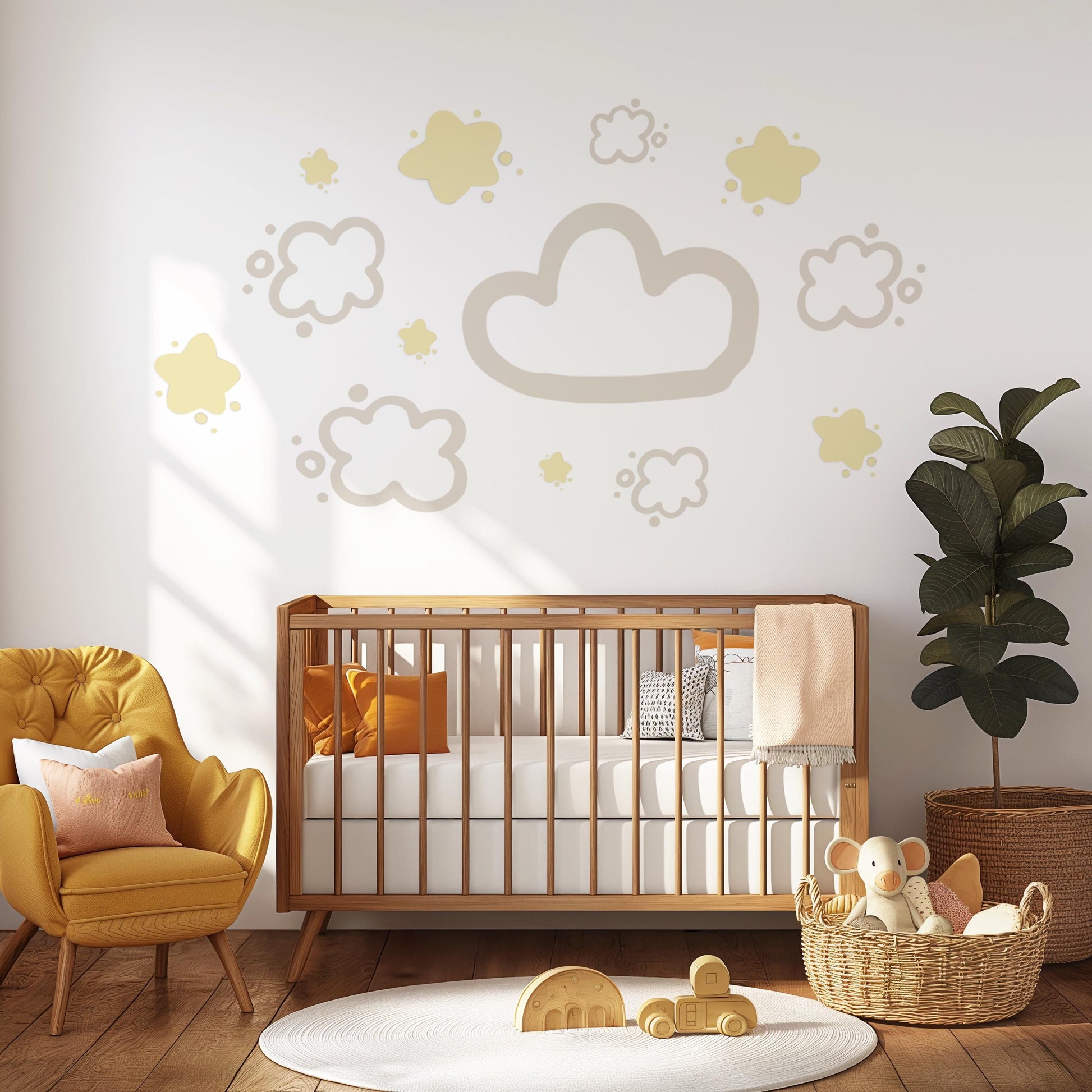 Cloud & Star Wall Stickers, Neutral Nursery Decor, Beige Nursery Wall Decals, Boho Baby Room Stickers, Peel and Stick Cloud Nursery