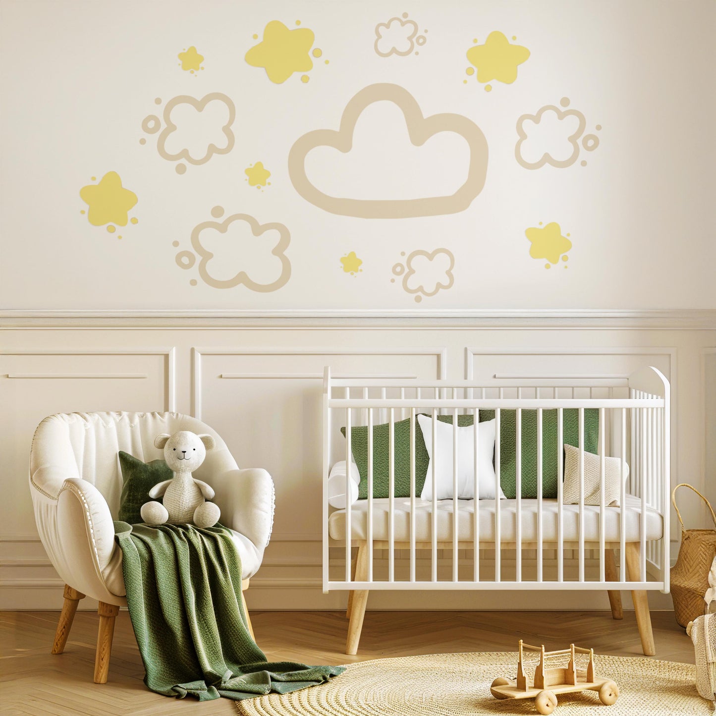 Cloud & Star Wall Stickers, Neutral Nursery Decor, Beige Nursery Wall Decals, Boho Baby Room Stickers, Peel and Stick Cloud Nursery