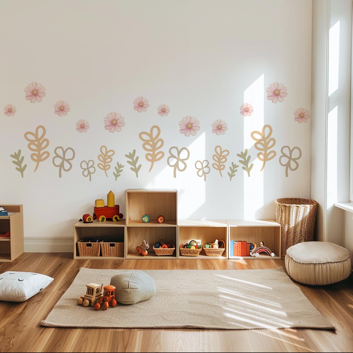 Boho Floral Wall Stickers, Neutral Nursery Decor, Flower Nursery Wall Decals, Beige Botanical Nursery, Peel and Stick Baby Room Decor