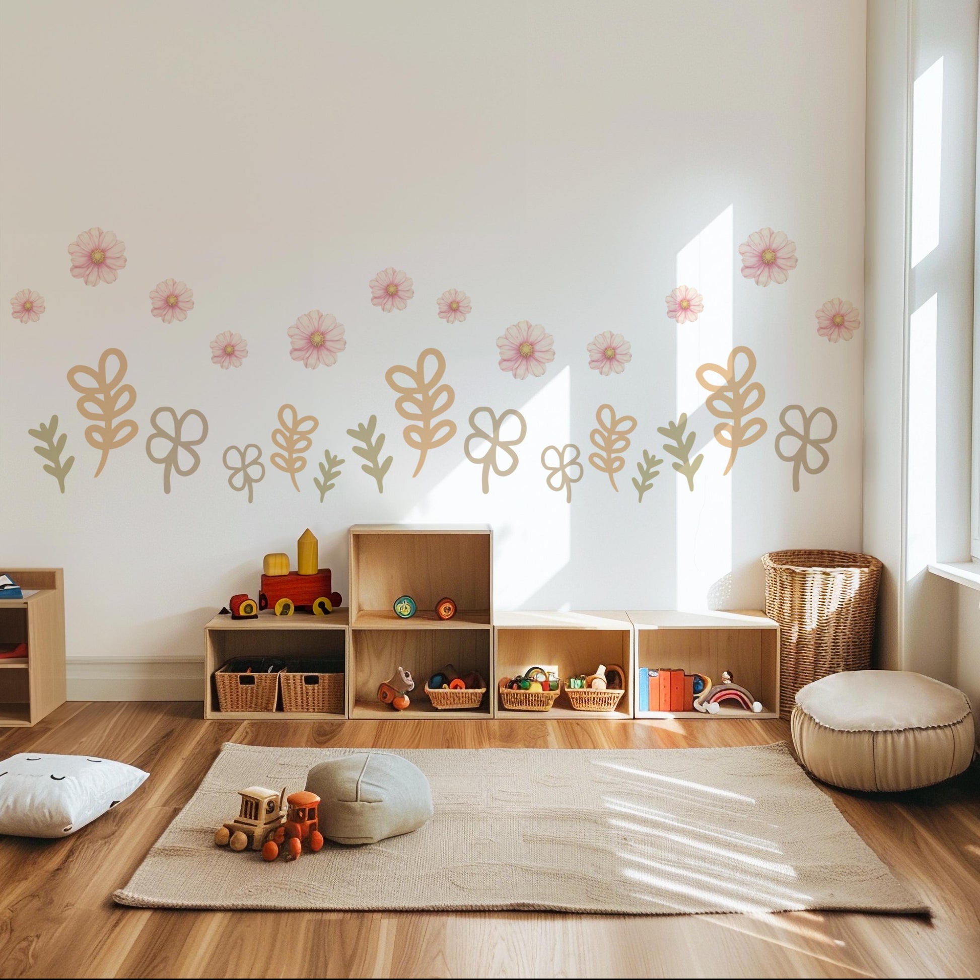 Boho Floral Wall Stickers, Neutral Nursery Decor, Flower Nursery Wall Decals, Beige Botanical Nursery, Peel and Stick Baby Room Decor