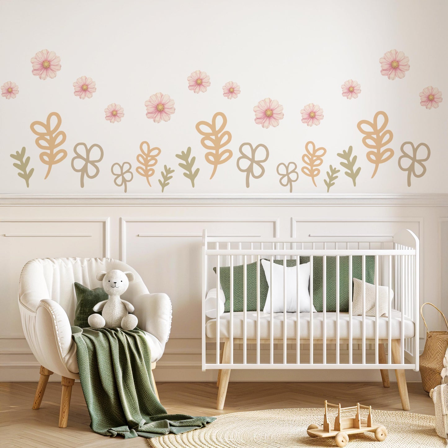 Boho Floral Wall Stickers, Neutral Nursery Decor, Flower Nursery Wall Decals, Beige Botanical Nursery, Peel and Stick Baby Room Decor