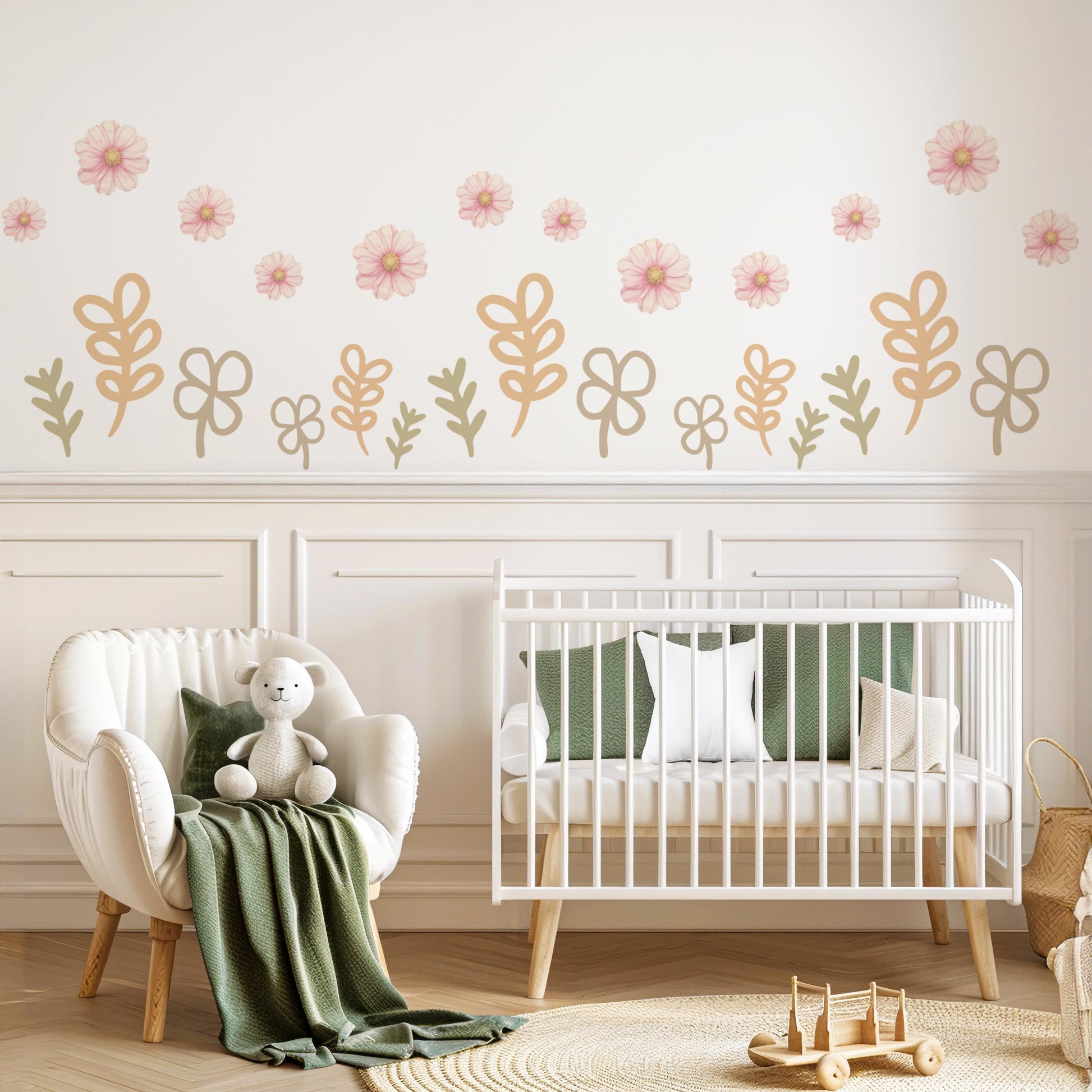 Boho Floral Wall Stickers, Neutral Nursery Decor, Flower Nursery Wall Decals, Beige Botanical Nursery, Peel and Stick Baby Room Decor