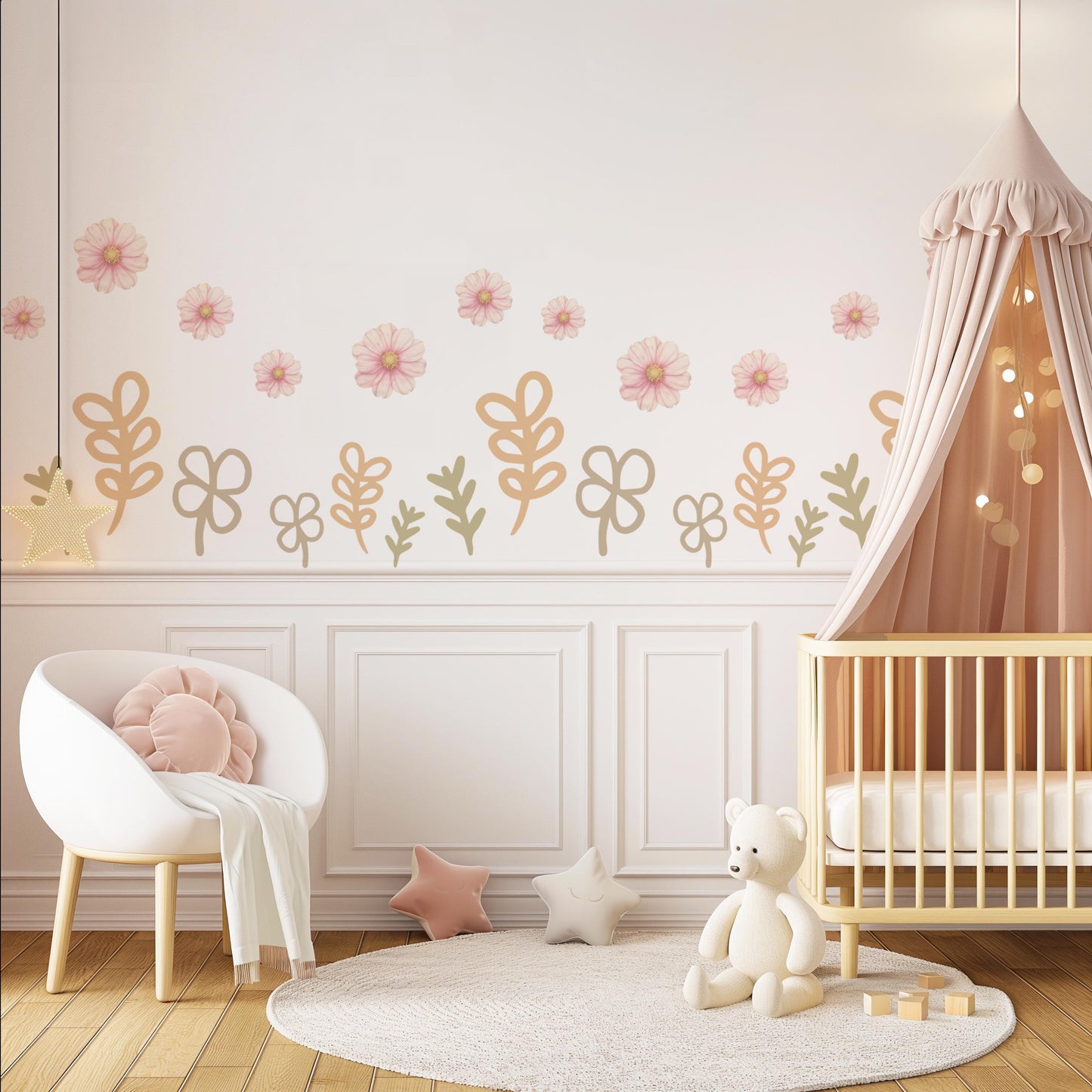 Boho Floral Wall Stickers, Neutral Nursery Decor, Flower Nursery Wall Decals, Beige Botanical Nursery, Peel and Stick Baby Room Decor
