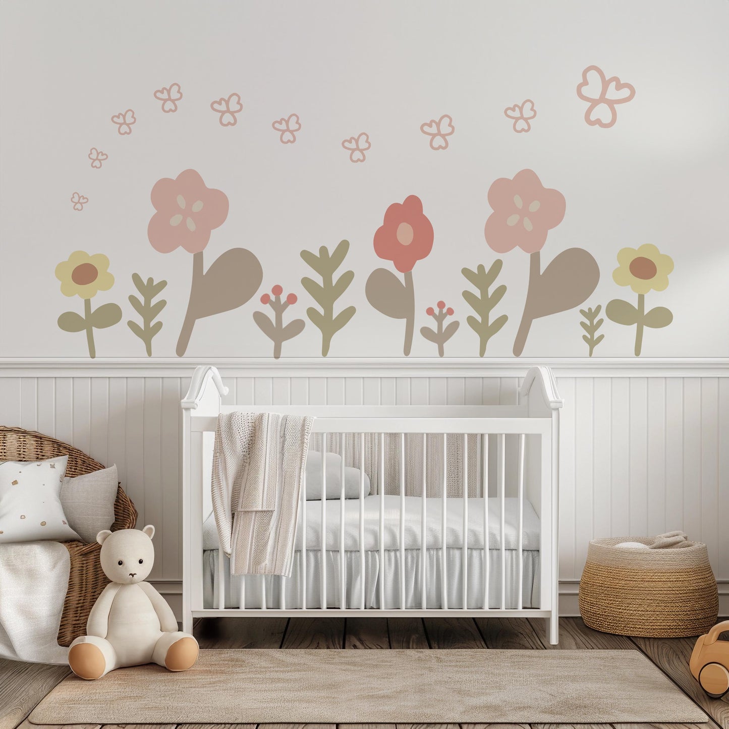 Boho Flower Wall Stickers, Neutral Nursery Wall Decals, Floral Baby Room Decor, Scandinavian Nursery Stickers, Peel and Stick Flowers