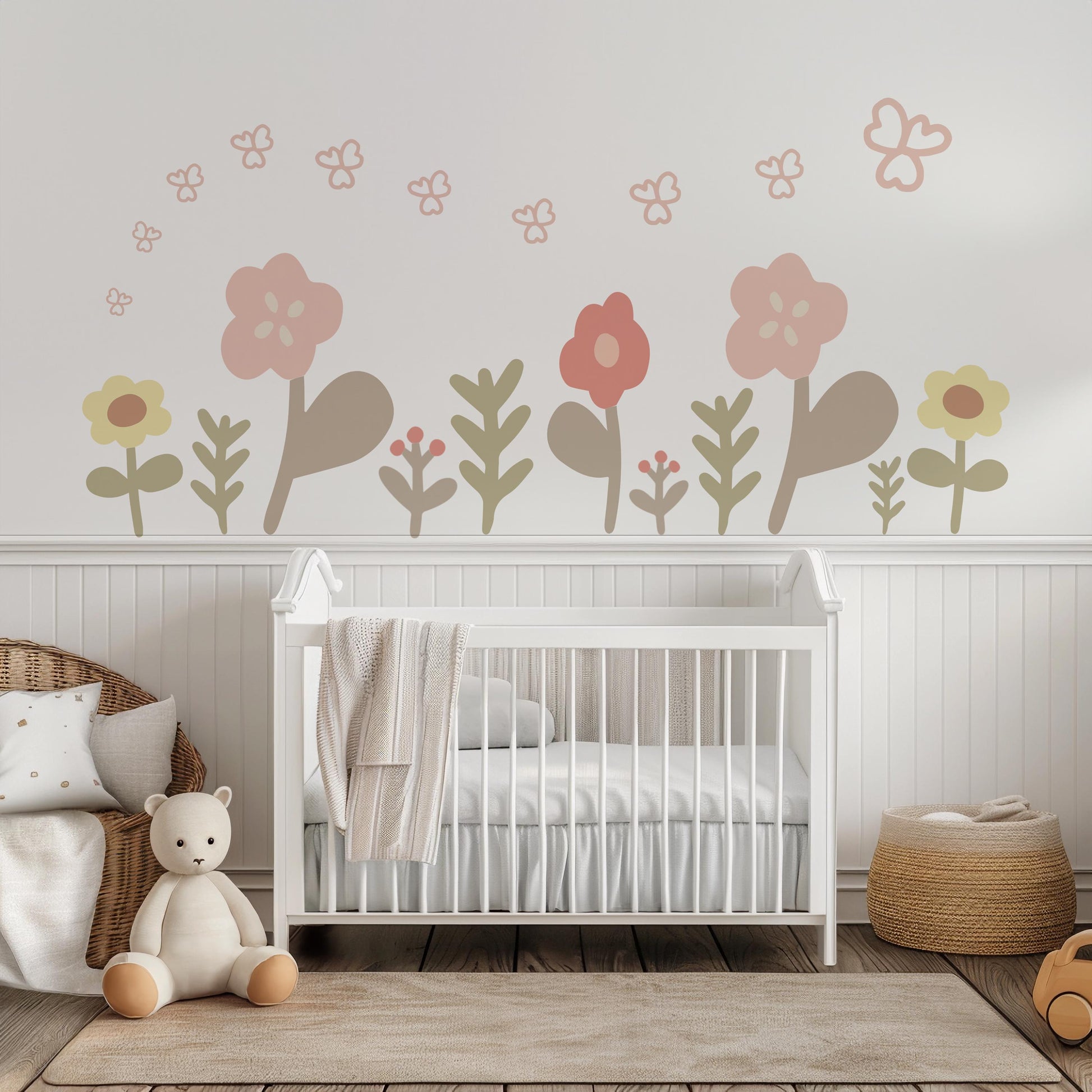 Boho Flower Wall Stickers, Neutral Nursery Wall Decals, Floral Baby Room Decor, Scandinavian Nursery Stickers, Peel and Stick Flowers