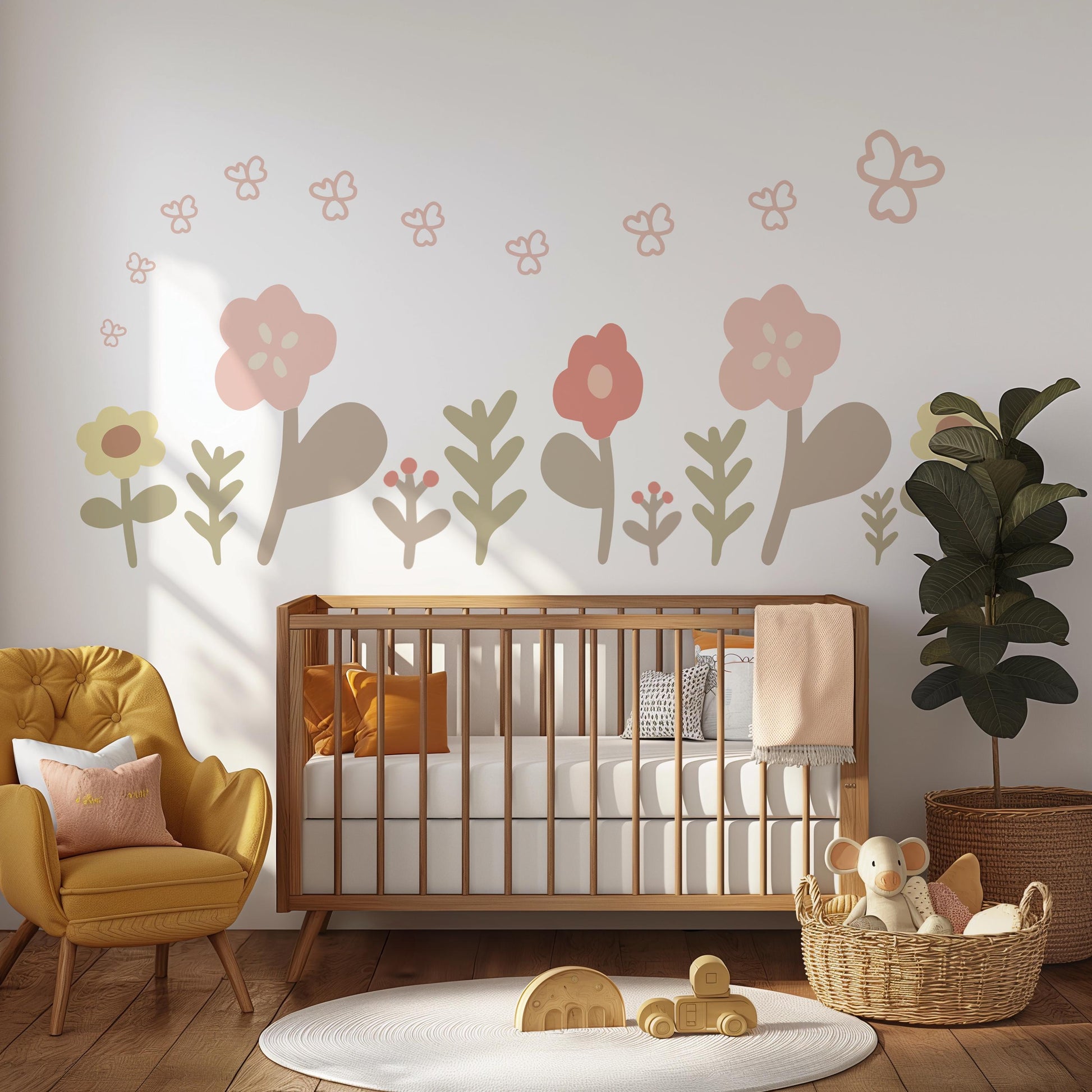 Boho Flower Wall Stickers, Neutral Nursery Wall Decals, Floral Baby Room Decor, Scandinavian Nursery Stickers, Peel and Stick Flowers