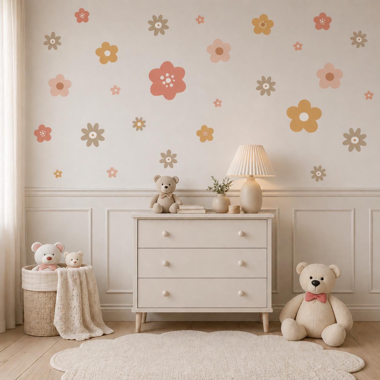Boho Flower Wall Stickers Set, Nursery Wall Decals, Neutral Floral Wall Decor, Girls Bedroom Stickers, Peel and Stick Wall Art