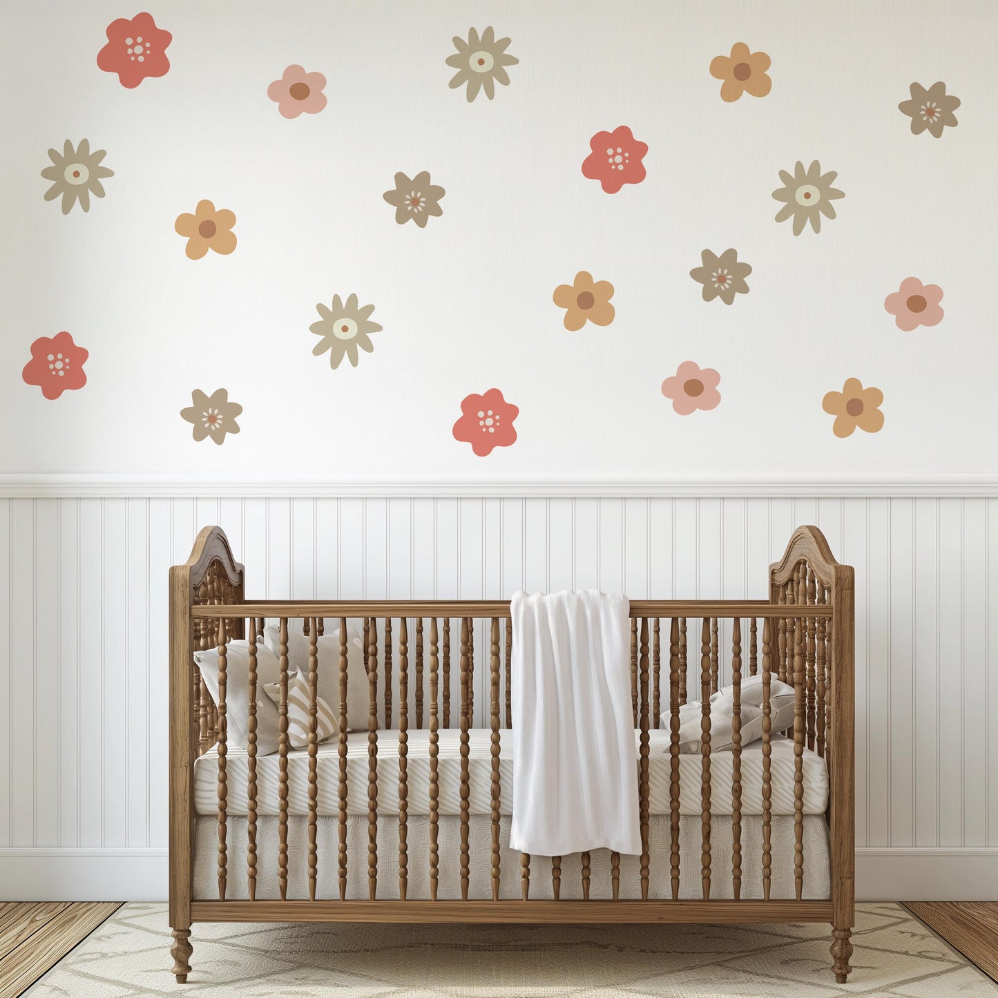 Boho Flower Wall Stickers Set, Nursery Wall Decals, Neutral Floral Wall Decor, Girls Bedroom Stickers, Peel and Stick Wall Art