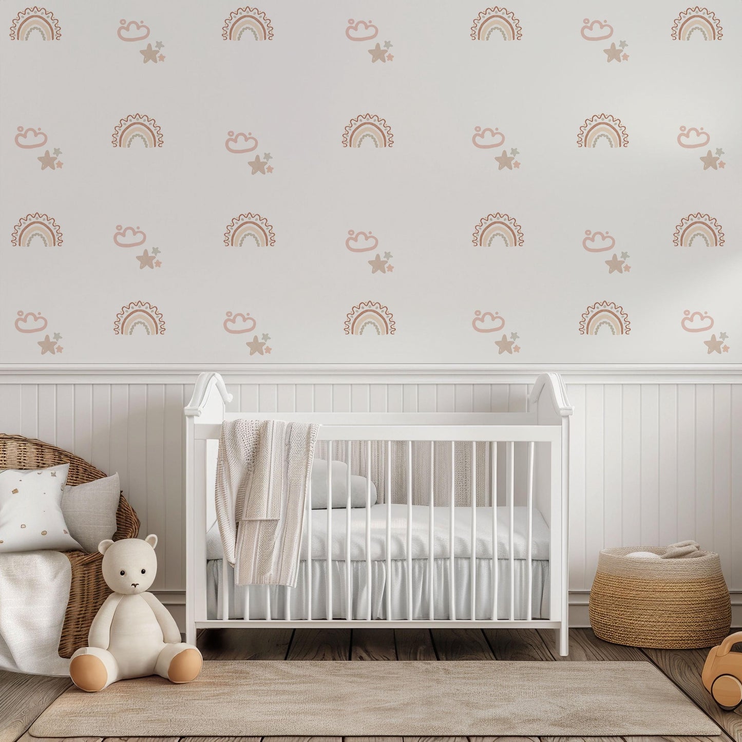 Boho Rainbow Wall Decals for Nursery, Neutral Nursery Wall Stickers, Pink Beige Rainbow Nursery Decor, Cloud Star Baby Room Decals