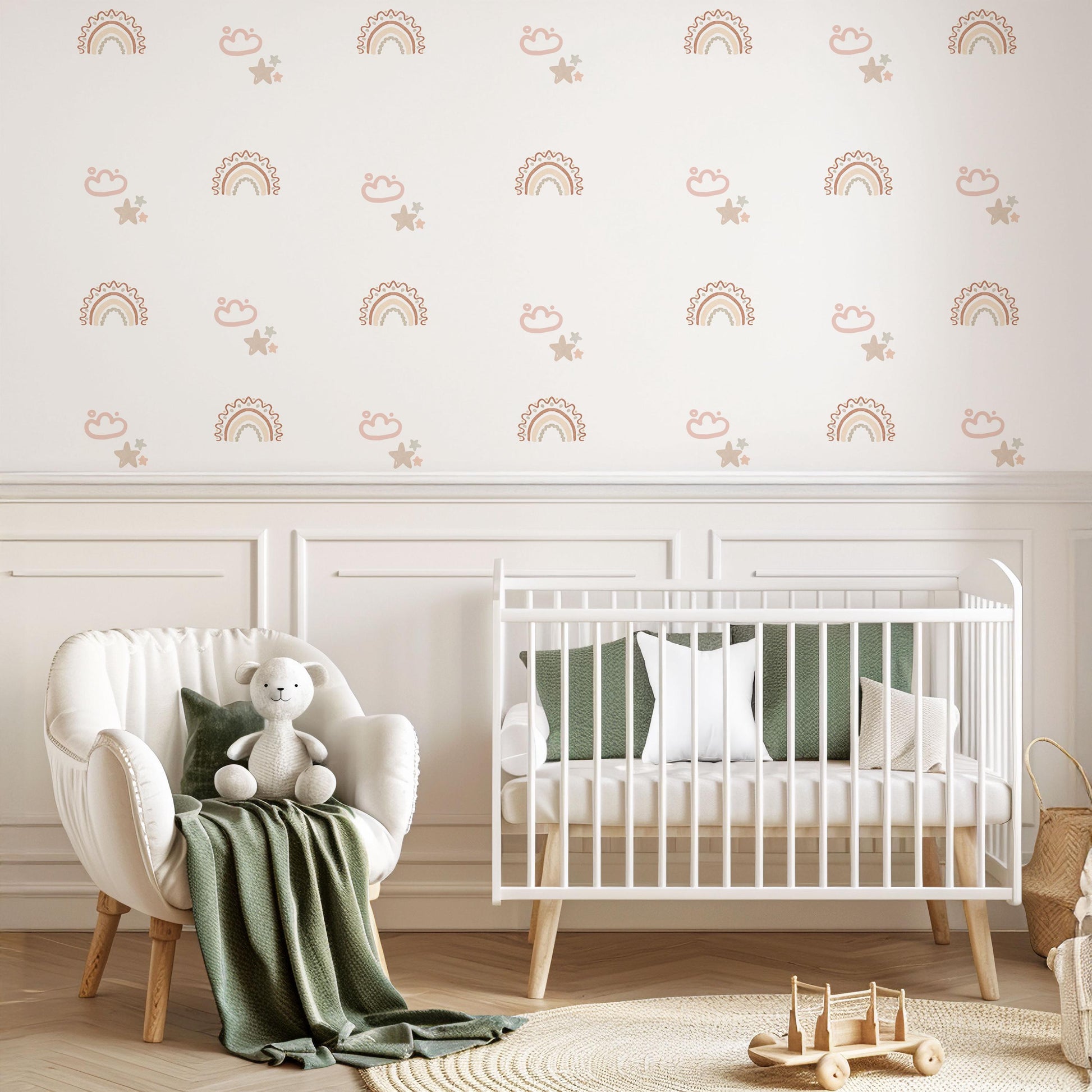 Boho Rainbow Wall Decals for Nursery, Neutral Nursery Wall Stickers, Pink Beige Rainbow Nursery Decor, Cloud Star Baby Room Decals