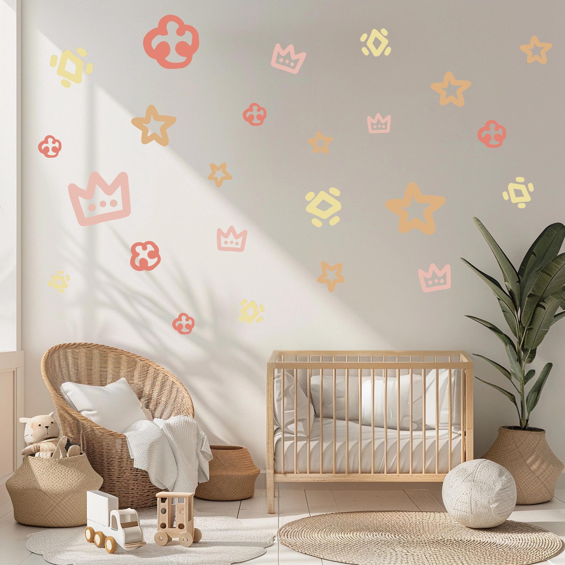 Boho Princess Wall Stickers, Crown & Star Nursery Decor, Girls Bedroom Wall Decals, Neutral Boho Nursery Stickers, Peel and Stick Wall Art