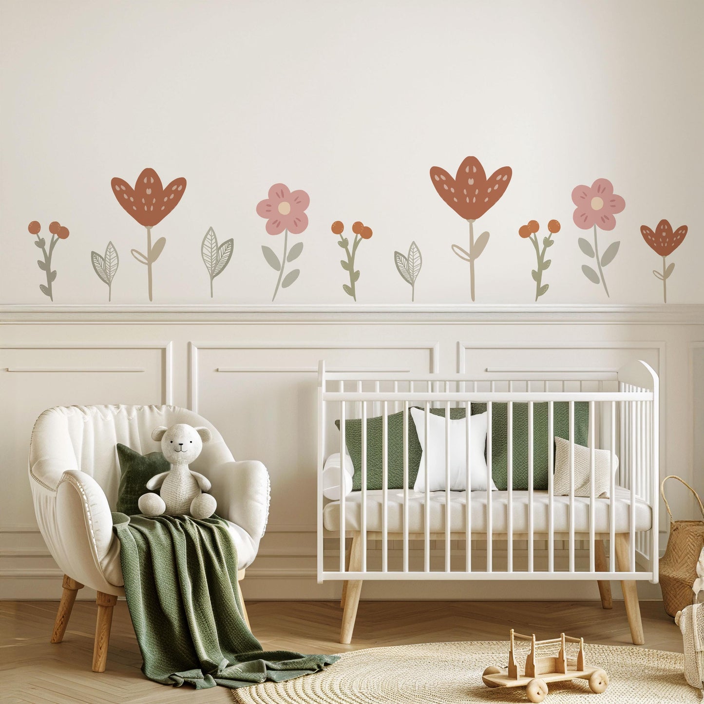 Boho Flower Wall Stickers for Nursery, Floral Nursery Wall Decals, Neutral Baby Room Decor, Retro Flower Peel and Stick Decals