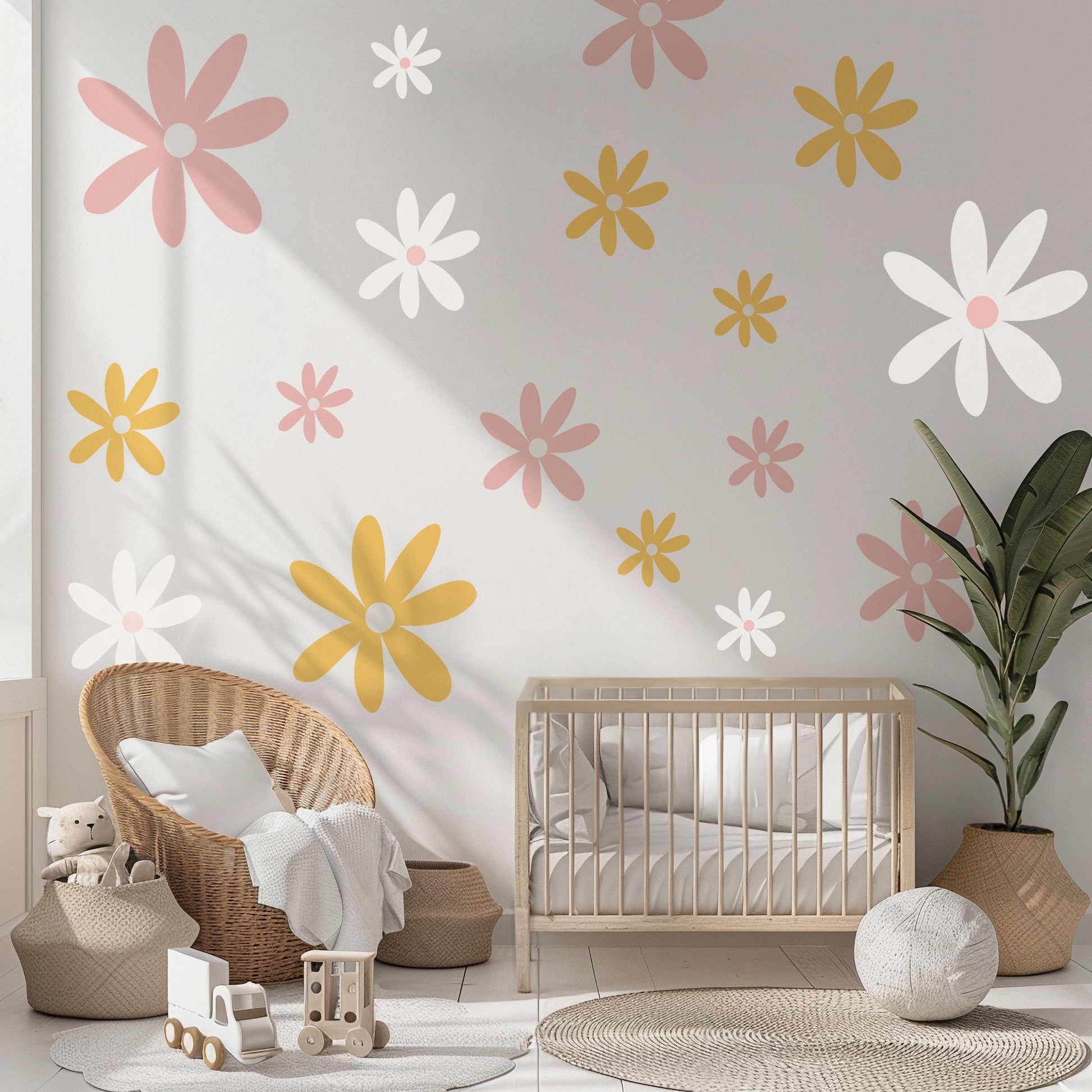 Pastel Flower Wall Decals for Girls Bedroom, Daisy Nursery Wall Stickers, Boho Flower Decor, Peel and Stick Floral Wall Art