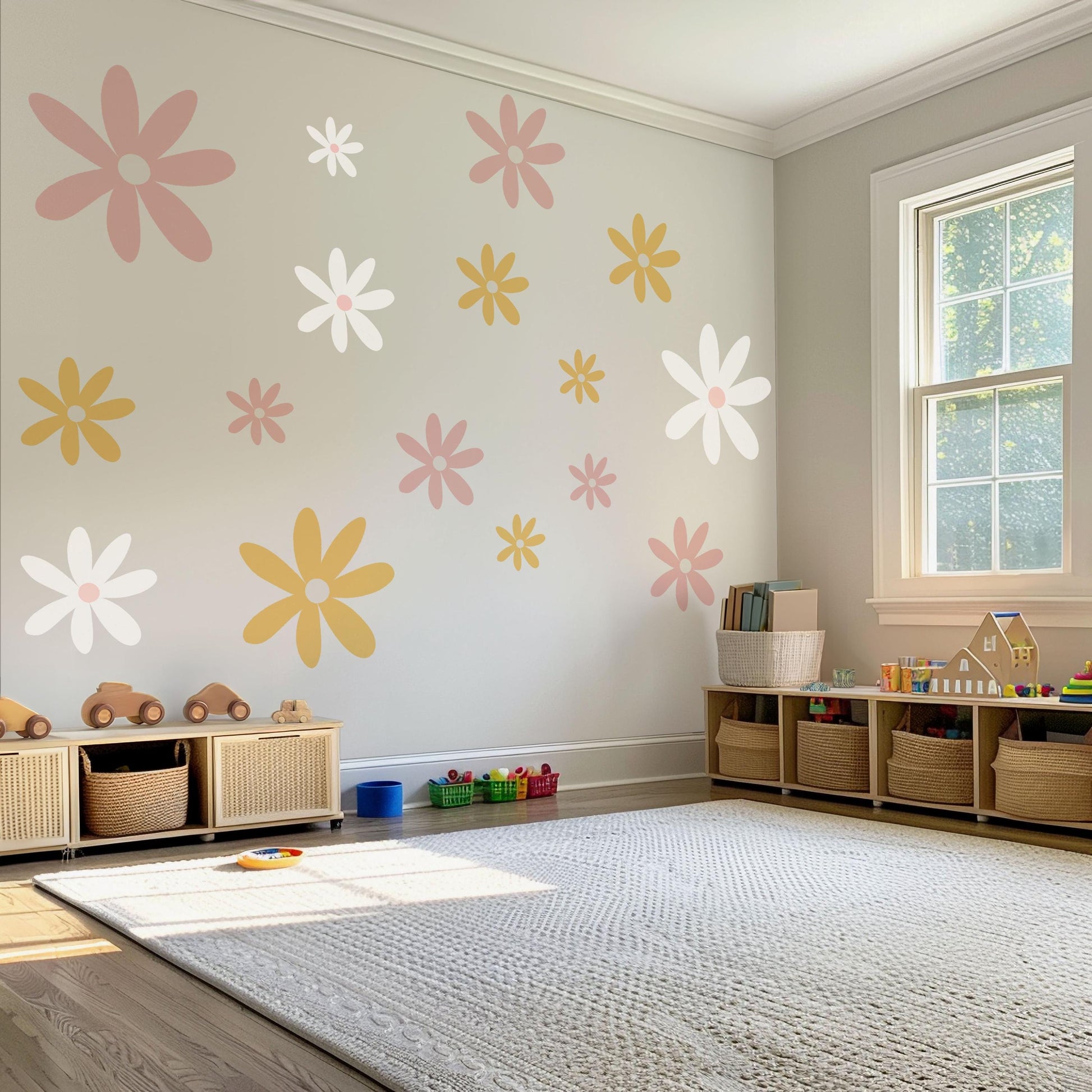 Pastel Flower Wall Decals for Girls Bedroom, Daisy Nursery Wall Stickers, Boho Flower Decor, Peel and Stick Floral Wall Art
