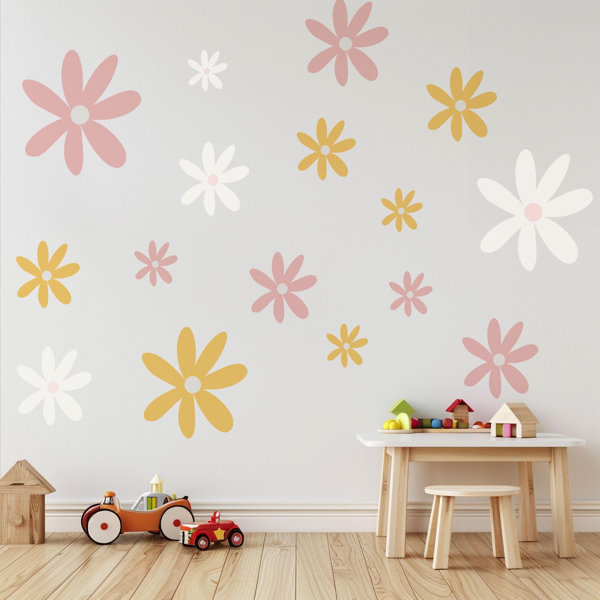 Pastel Flower Wall Decals for Girls Bedroom, Daisy Nursery Wall Stickers, Boho Flower Decor, Peel and Stick Floral Wall Art