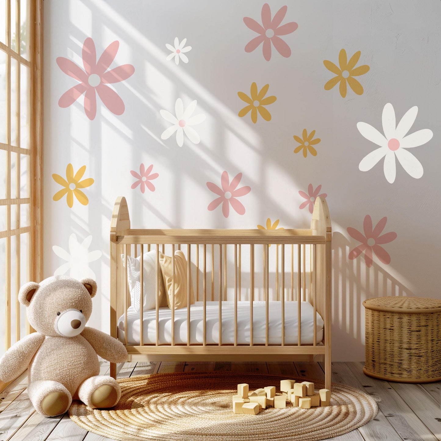Pastel Flower Wall Decals for Girls Bedroom, Daisy Nursery Wall Stickers, Boho Flower Decor, Peel and Stick Floral Wall Art