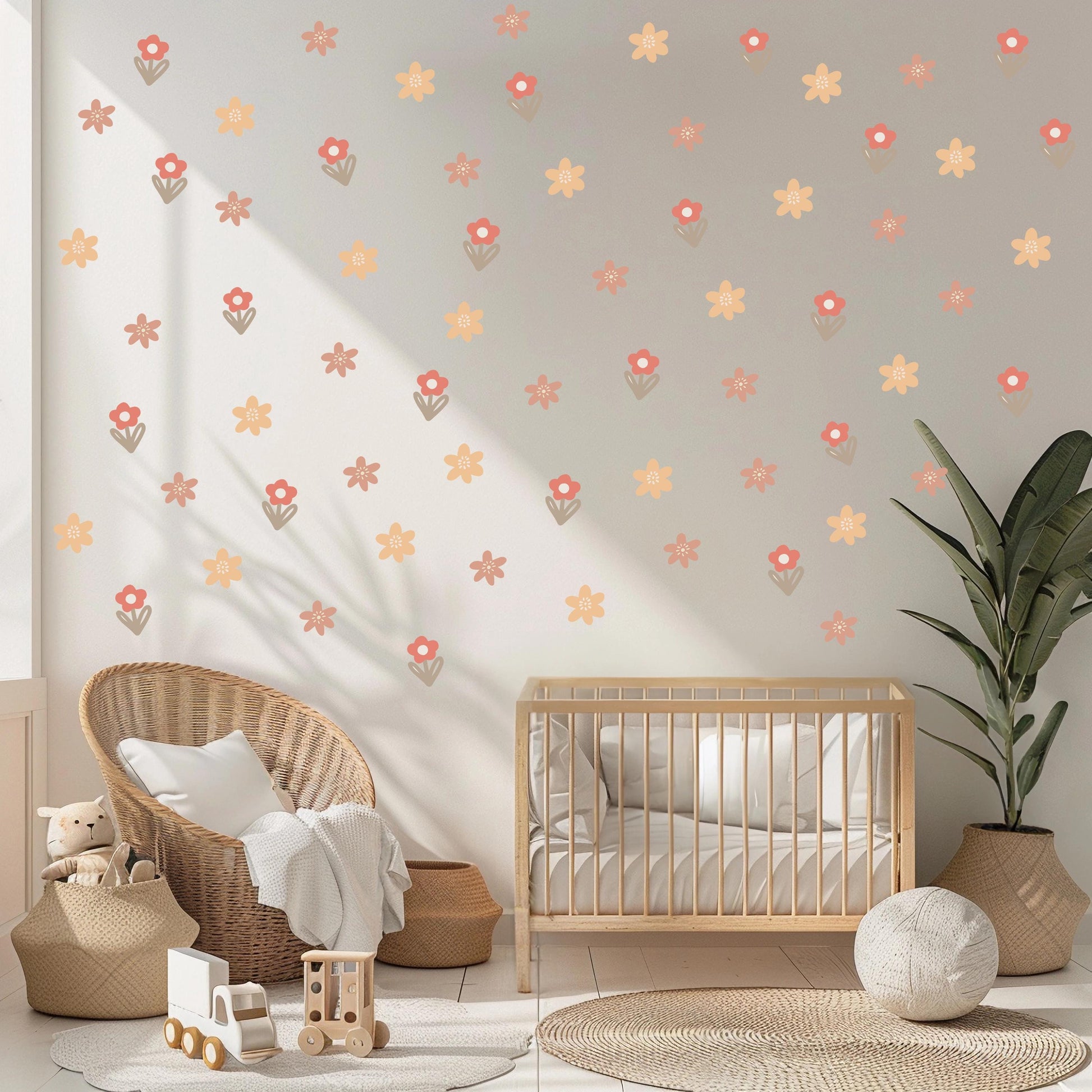 Boho Flower Wall Stickers, Neutral Nursery Decor, Daisy Floral Wall Decals, Kids Bedroom Wall Stickers, Boho Nursery Wall Art Peel & Stick