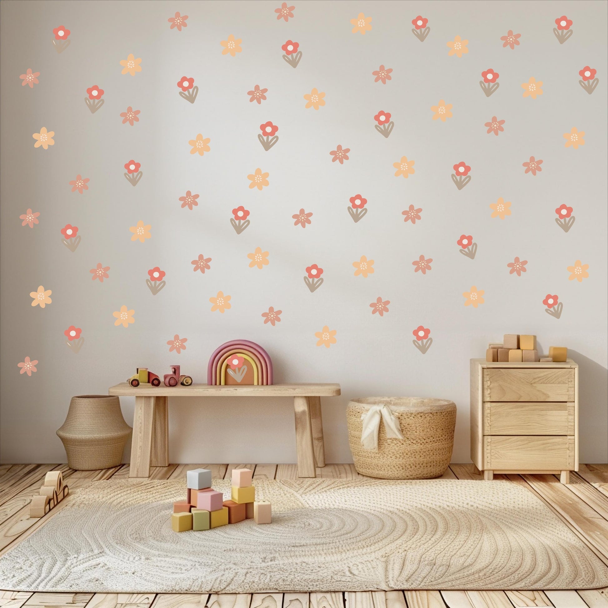 Boho Flower Wall Stickers, Neutral Nursery Decor, Daisy Floral Wall Decals, Kids Bedroom Wall Stickers, Boho Nursery Wall Art Peel & Stick