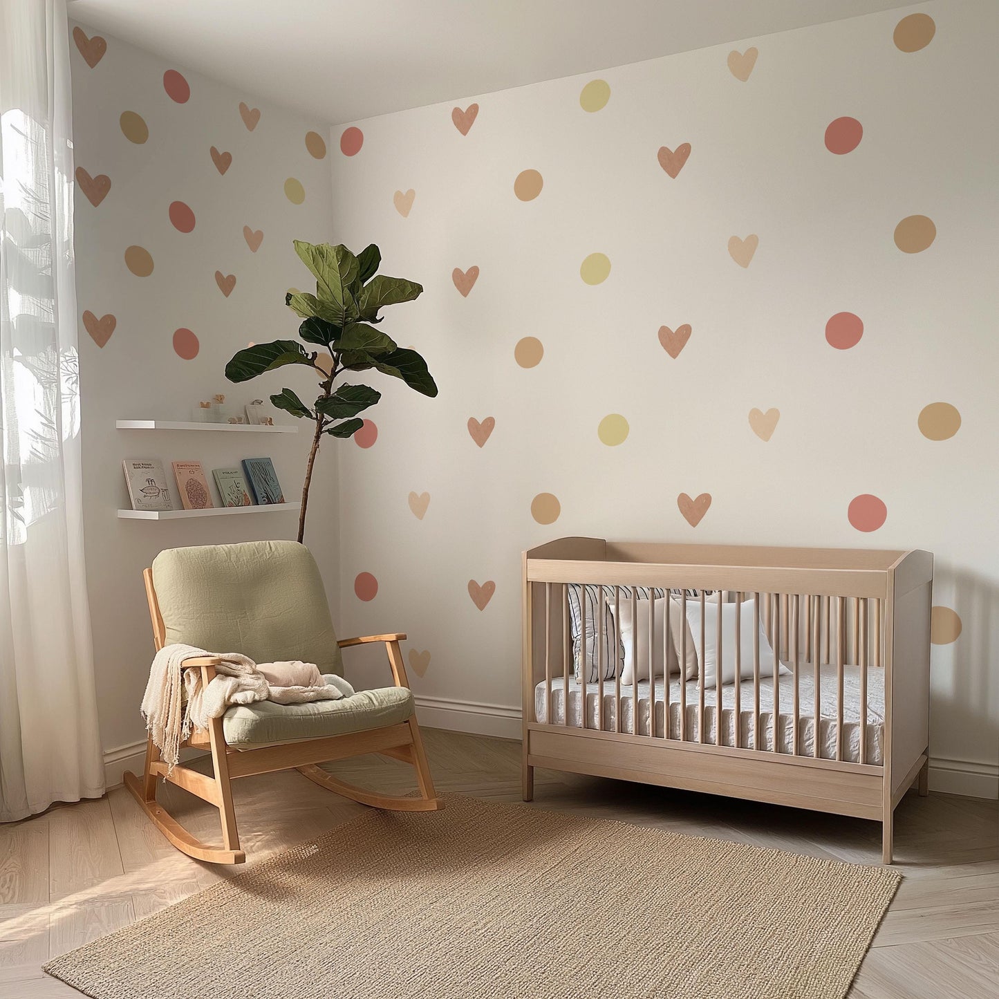 Boho Heart Wall Decals, Neutral Nursery Wall Stickers, Beige Pink Polka Dot Decals, Girls Bedroom Decor, Peel and Stick Hearts