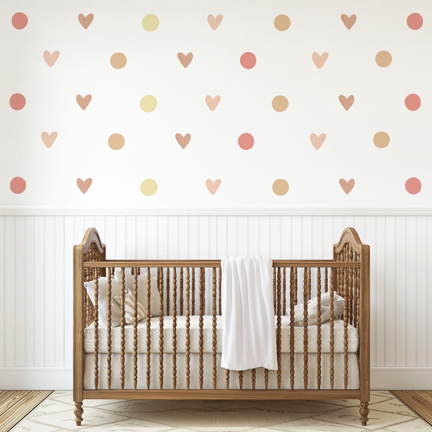 Boho Heart Wall Decals, Neutral Nursery Wall Stickers, Beige Pink Polka Dot Decals, Girls Bedroom Decor, Peel and Stick Hearts