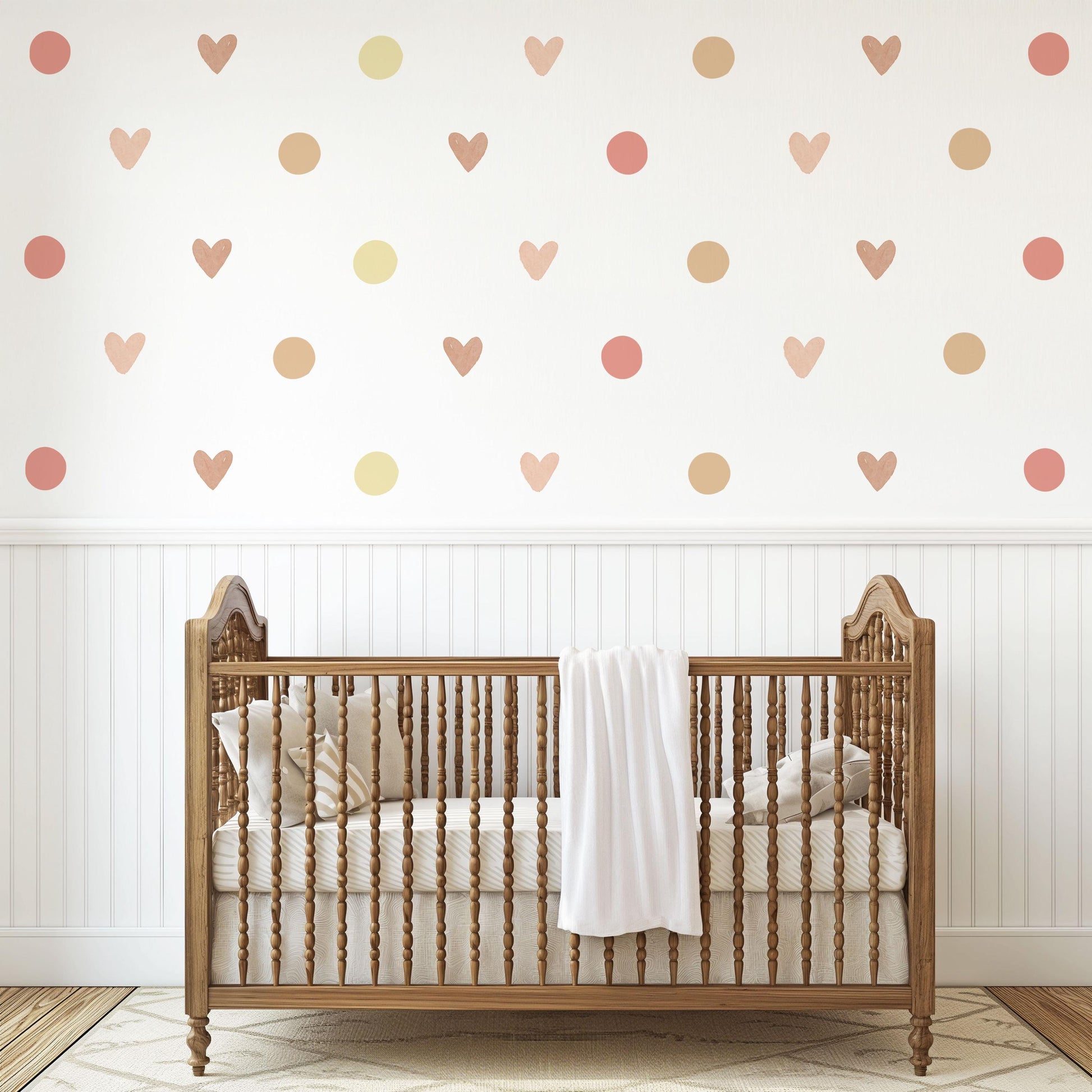 Boho Heart Wall Decals, Neutral Nursery Wall Stickers, Beige Pink Polka Dot Decals, Girls Bedroom Decor, Peel and Stick Hearts
