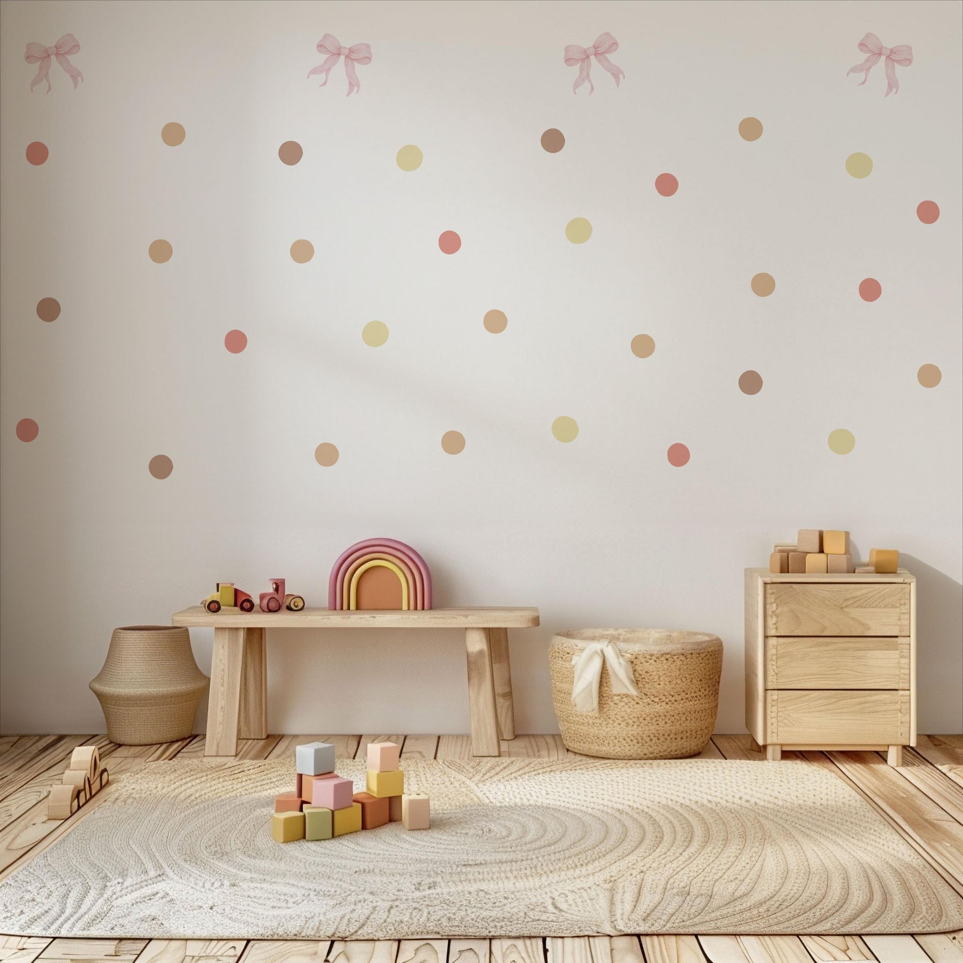 Pink Bow Wall Decals for Girls Bedroom, Neutral Nursery Wall Stickers, Boho Polka Dot Decals, Peel and Stick Nursery Decor