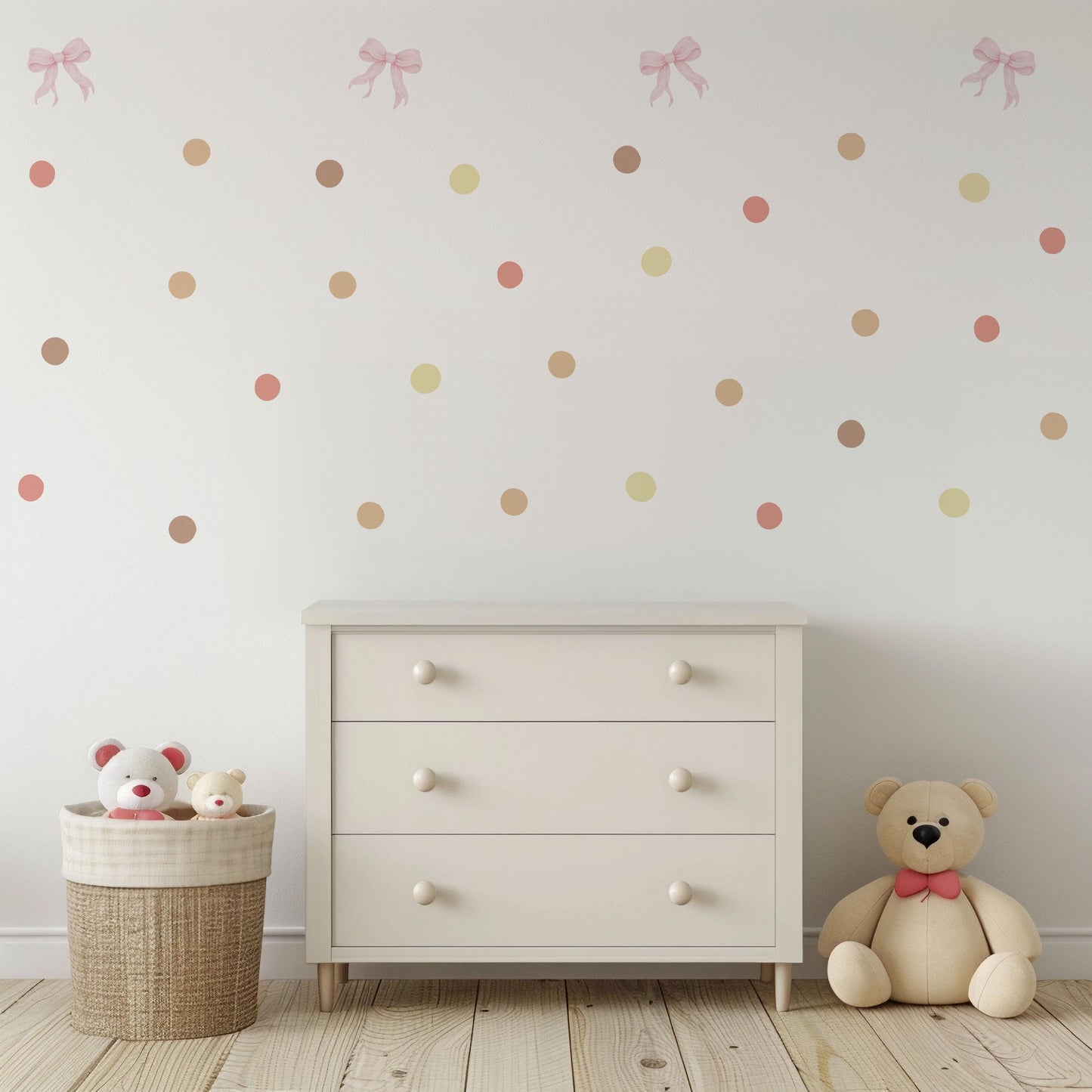 Pink Bow Wall Decals for Girls Bedroom, Neutral Nursery Wall Stickers, Boho Polka Dot Decals, Peel and Stick Nursery Decor