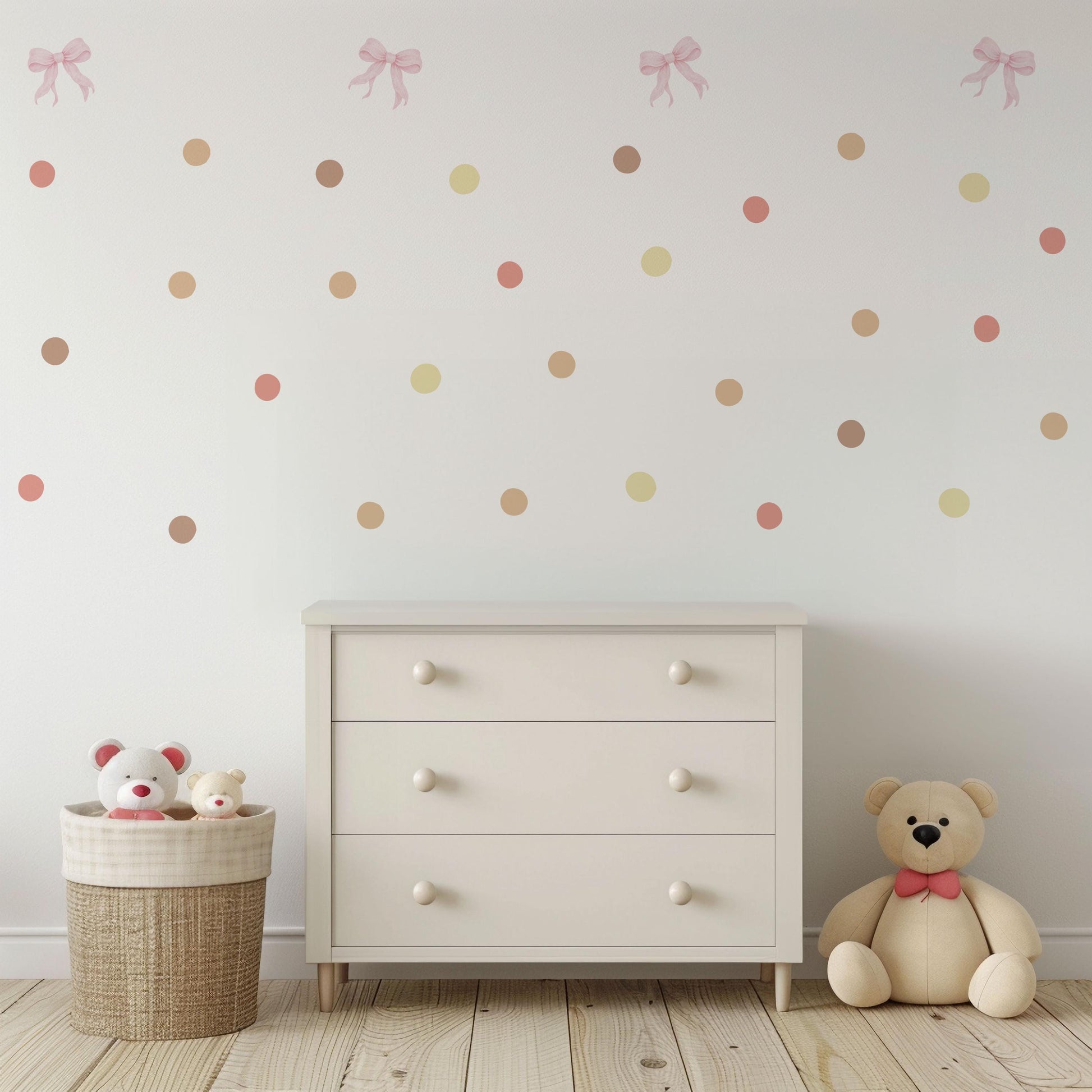 Pink Bow Wall Decals for Girls Bedroom, Neutral Nursery Wall Stickers, Boho Polka Dot Decals, Peel and Stick Nursery Decor