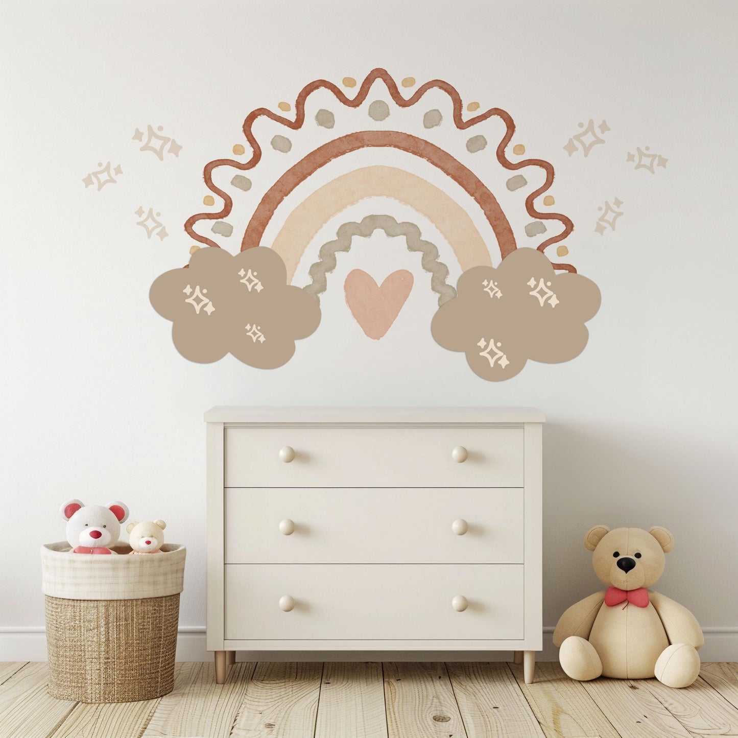 Boho Rainbow Wall Stickers Neutral Nursery Decals | Beige Rainbow Nursery Wall Decor | Cloud & Sparkle Peel And Stick Decals