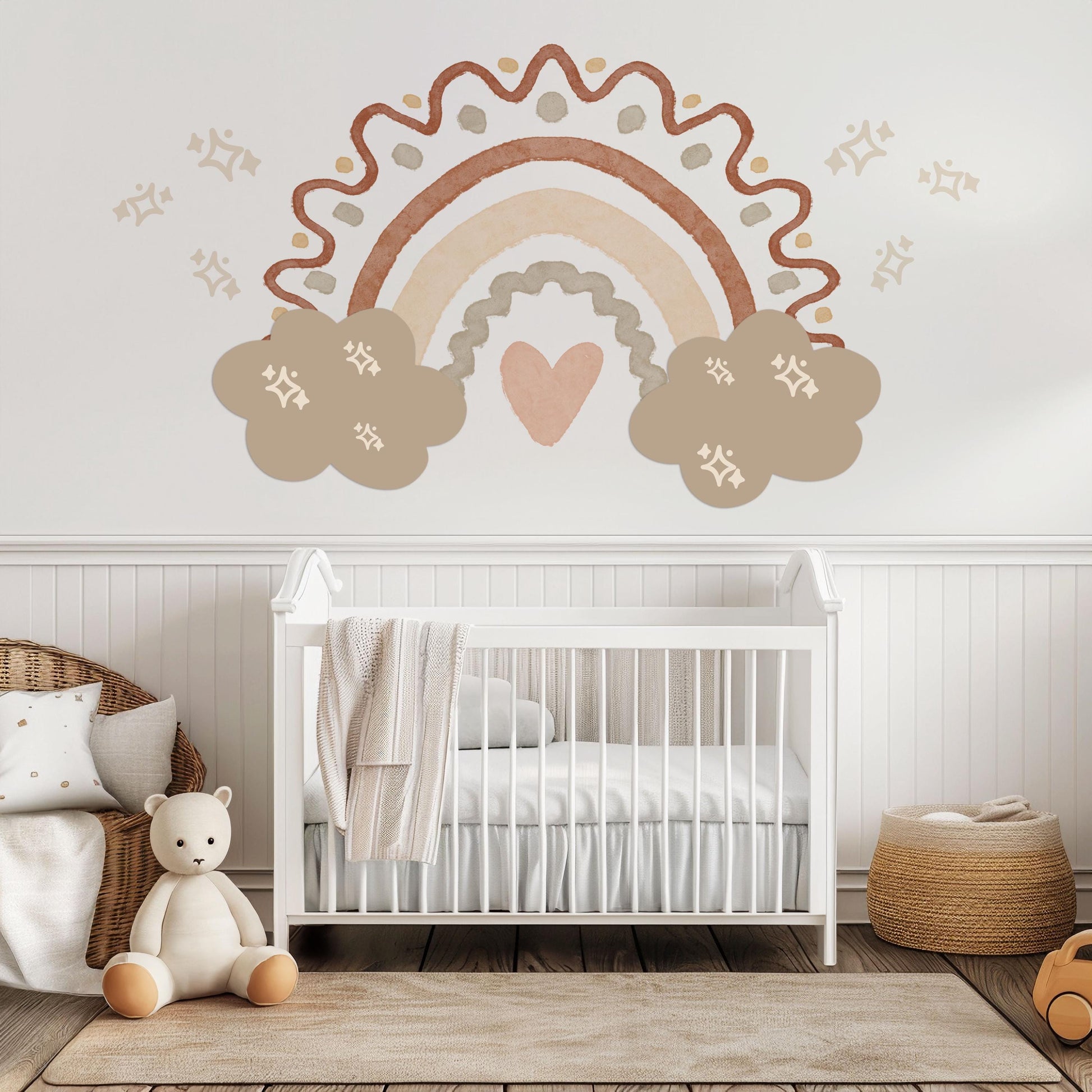 Boho Rainbow Wall Stickers Neutral Nursery Decals | Beige Rainbow Nursery Wall Decor | Cloud & Sparkle Peel And Stick Decals