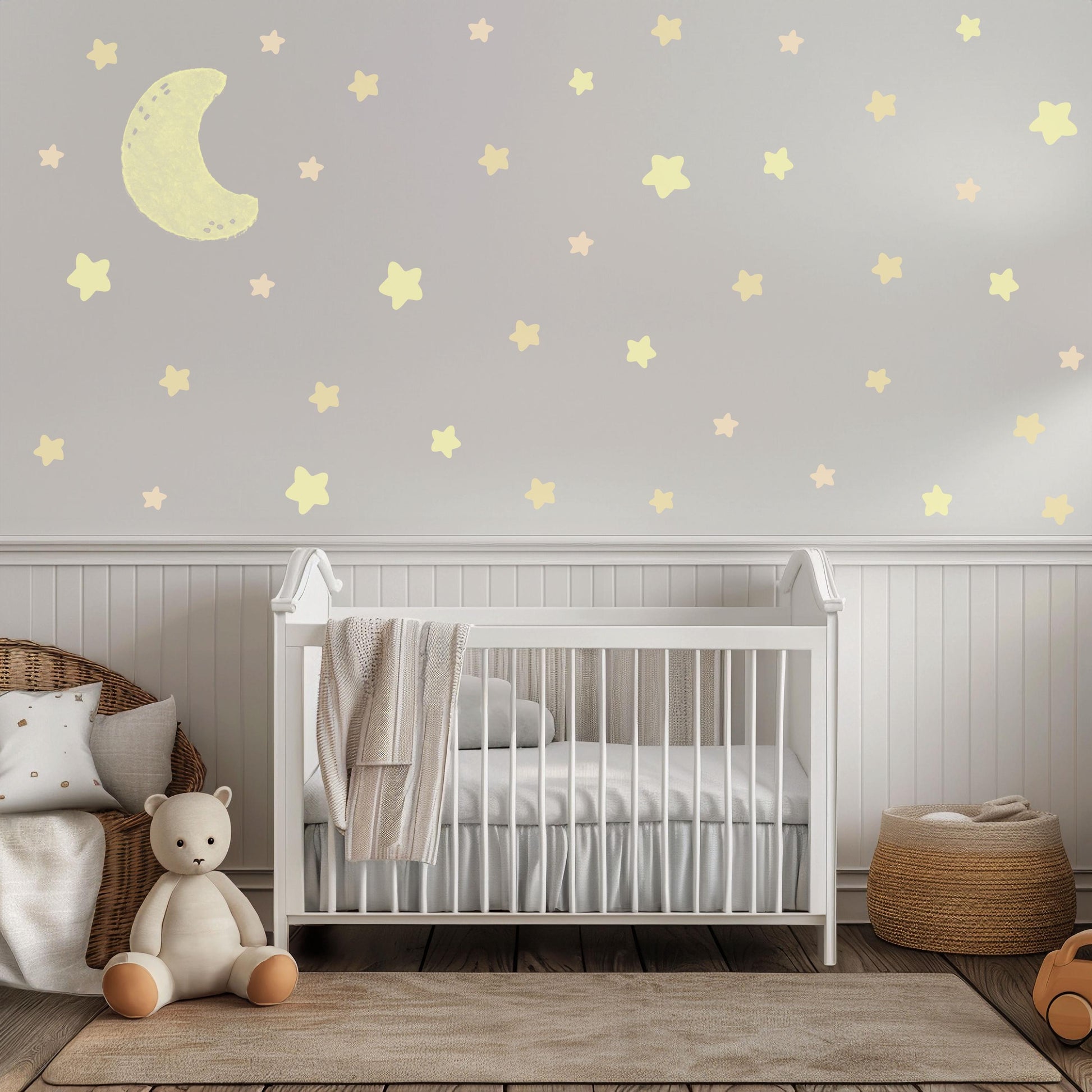 Moon And Stars Wall Stickers Neutral Nursery Decals | Glow Style Moon Nursery Decor | Beige Celestial Baby Room Wall Art