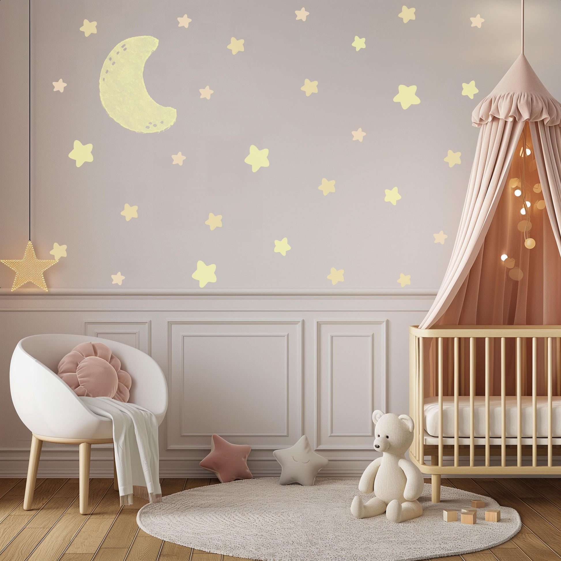 Moon And Stars Wall Stickers Neutral Nursery Decals | Glow Style Moon Nursery Decor | Beige Celestial Baby Room Wall Art