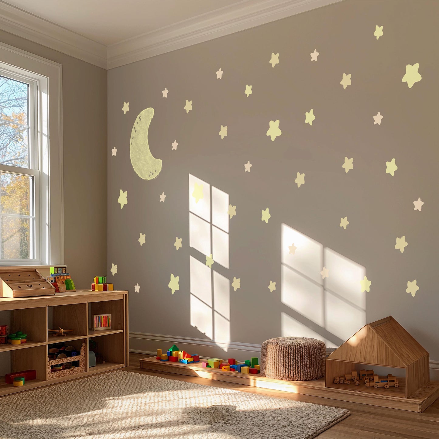 Moon And Stars Wall Stickers Neutral Nursery Decals | Glow Style Moon Nursery Decor | Beige Celestial Baby Room Wall Art