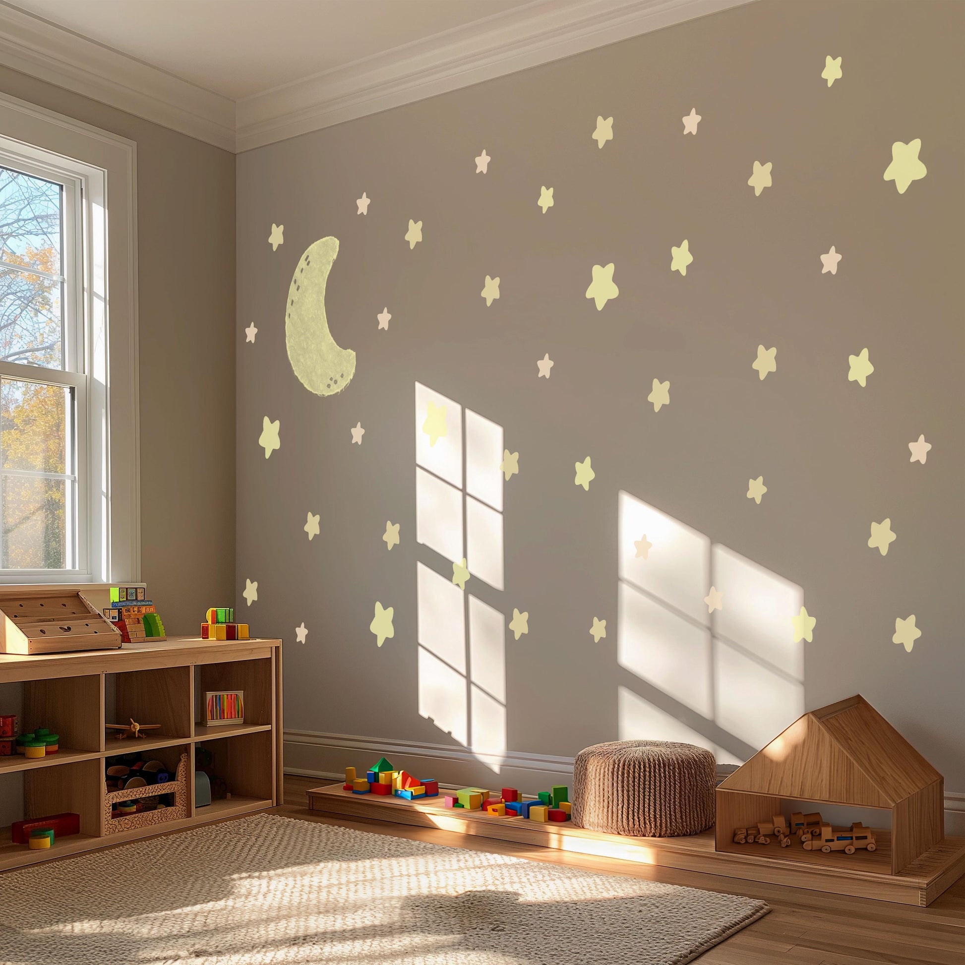 Moon And Stars Wall Stickers Neutral Nursery Decals | Glow Style Moon Nursery Decor | Beige Celestial Baby Room Wall Art