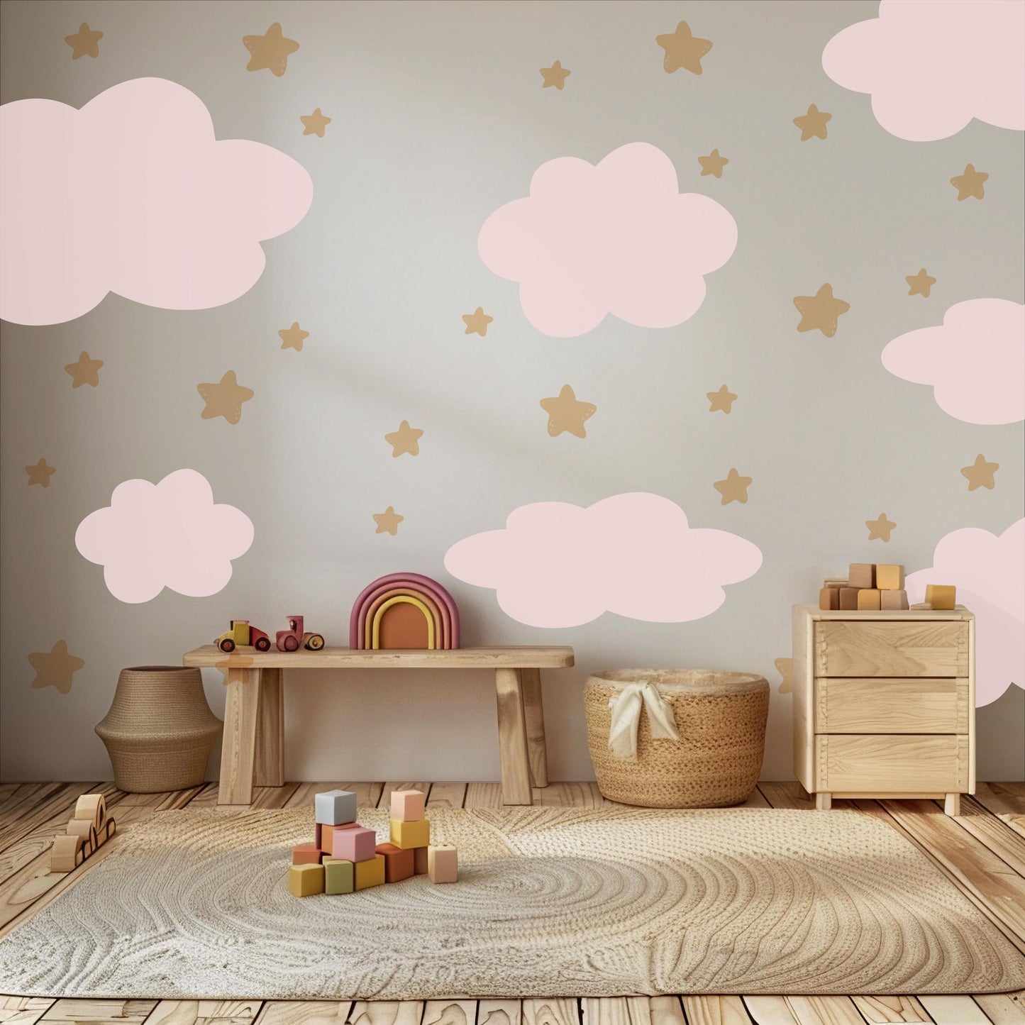 Pink Cloud Wall Stickers Nursery Decals | Neutral Star Nursery Wall Decor | Boho Baby Girl Peel And Stick Wall Decals