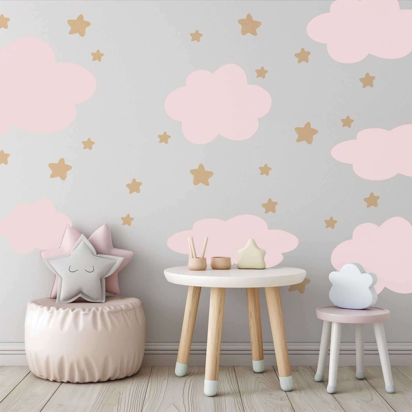 Pink Cloud Wall Stickers Nursery Decals | Neutral Star Nursery Wall Decor | Boho Baby Girl Peel And Stick Wall Decals