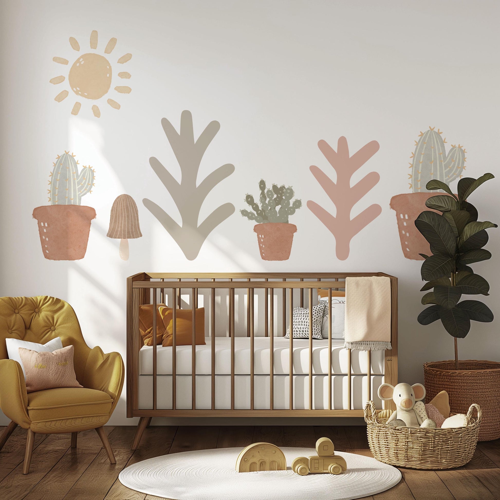 Boho Cactus Wall Stickers Nursery Decor | Neutral Desert Wall Decals | Sage Pink Terracotta Nursery | Peel and Stick Kids Bedroom Decor