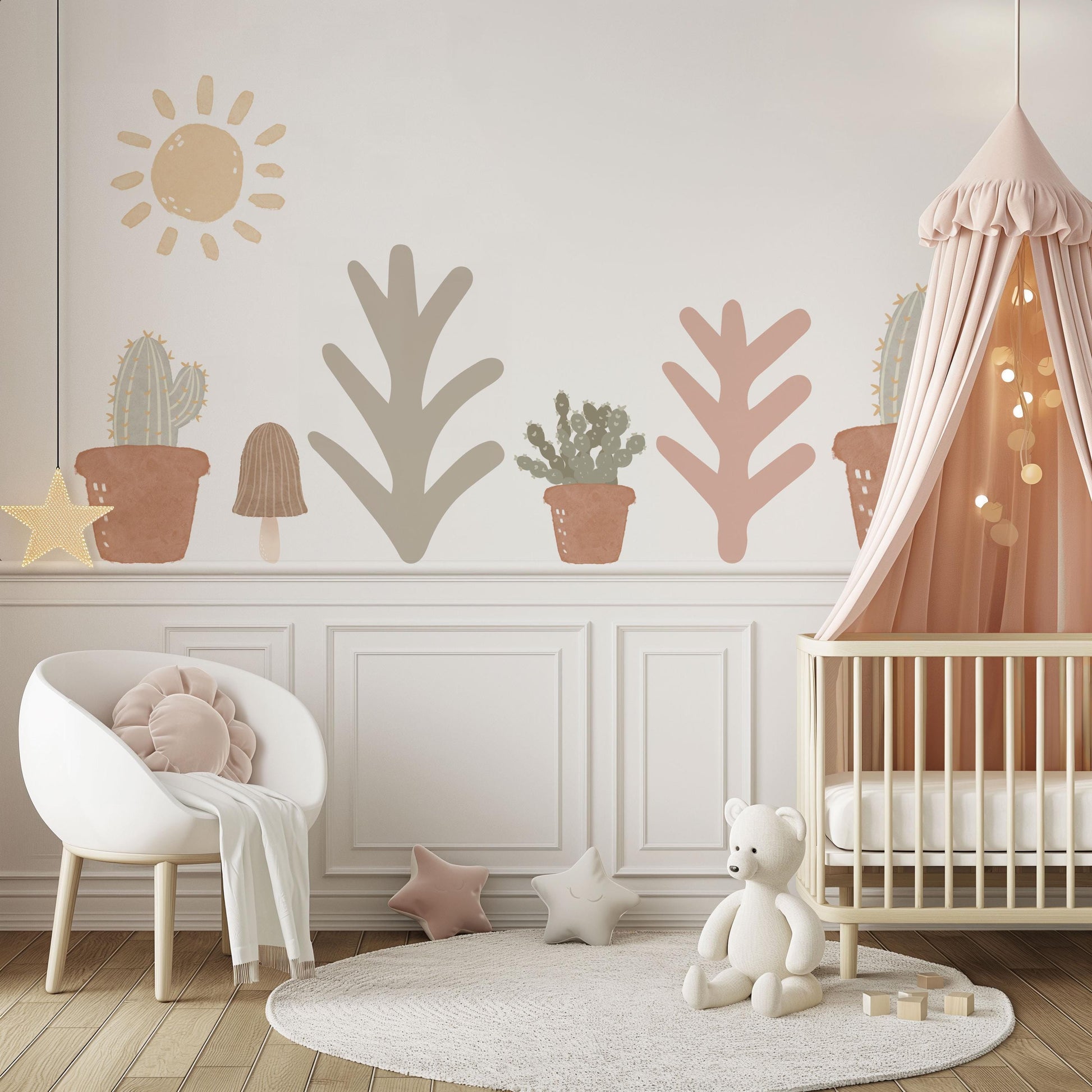 Boho Cactus Wall Stickers Nursery Decor | Neutral Desert Wall Decals | Sage Pink Terracotta Nursery | Peel and Stick Kids Bedroom Decor
