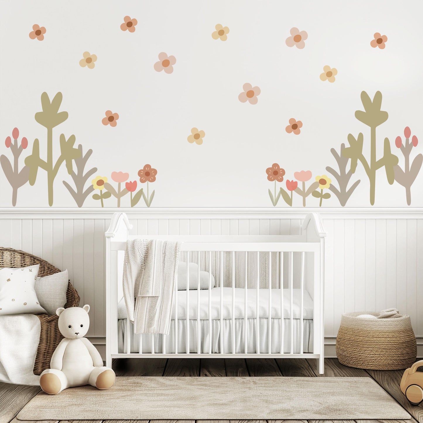 Boho Flower Wall Stickers Nursery Decor | Neutral Floral Wall Decals | Wildflower Kids Bedroom Stickers | Peel and Stick Wall Art