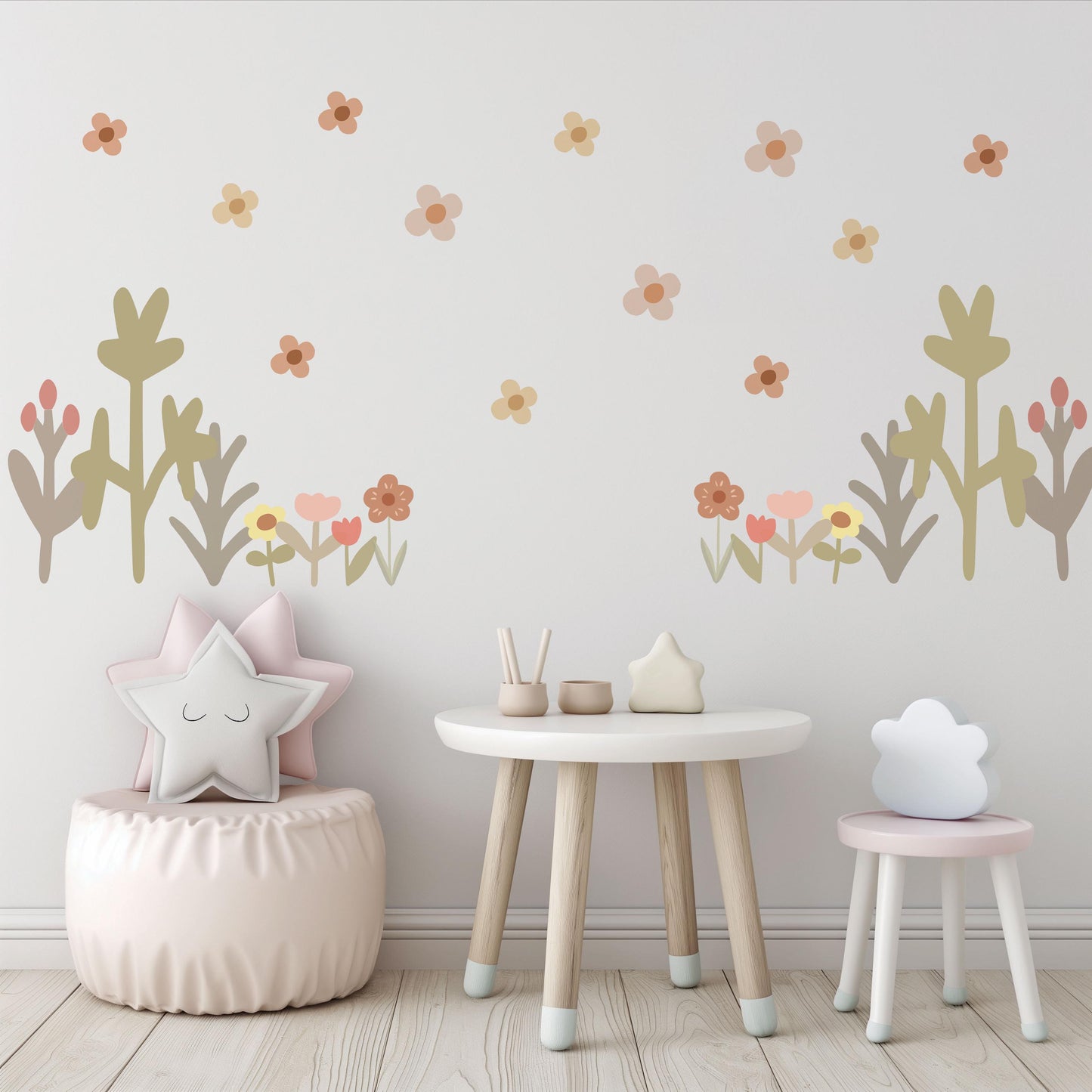 Boho Flower Wall Stickers Nursery Decor | Neutral Floral Wall Decals | Wildflower Kids Bedroom Stickers | Peel and Stick Wall Art