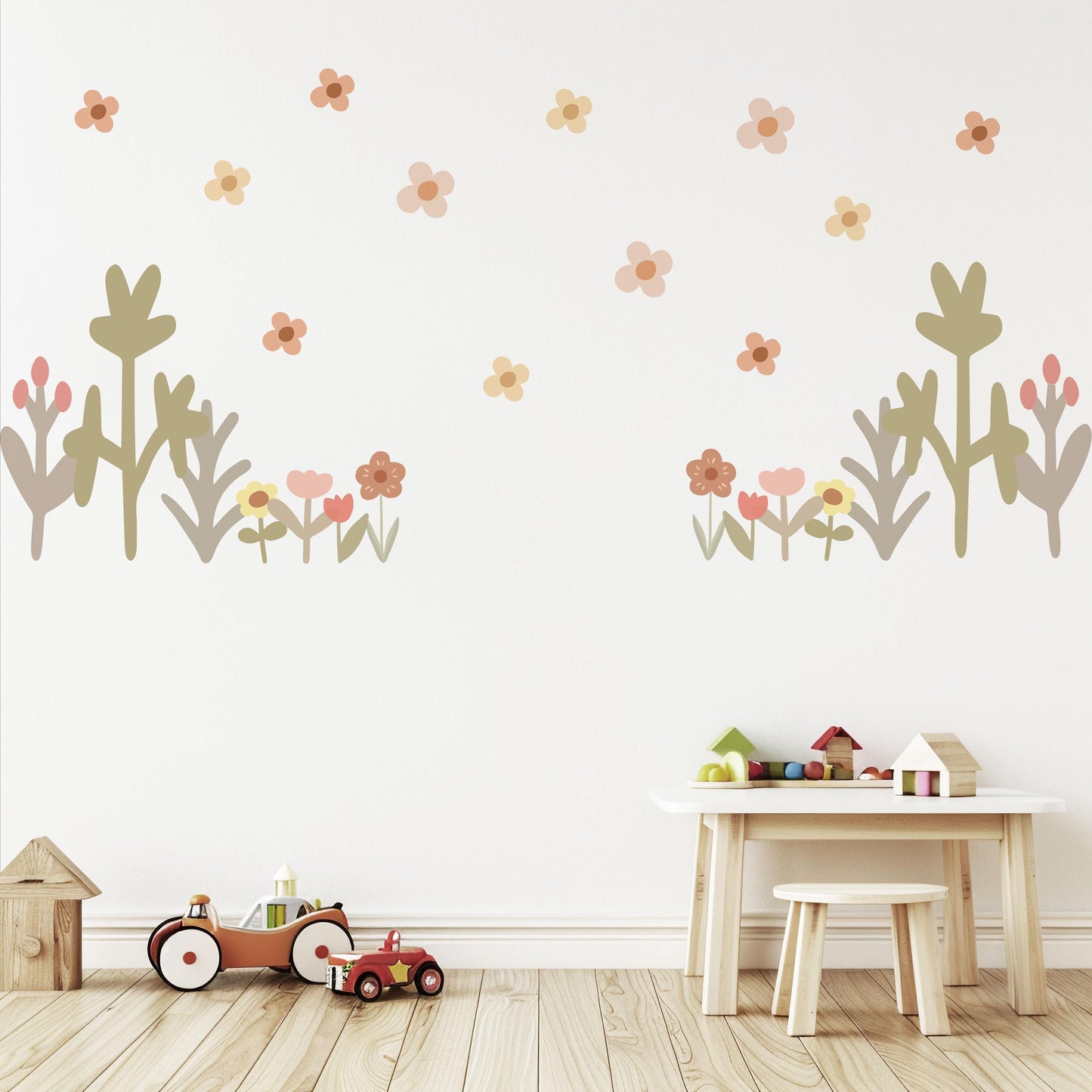 Boho Flower Wall Stickers Nursery Decor | Neutral Floral Wall Decals | Wildflower Kids Bedroom Stickers | Peel and Stick Wall Art