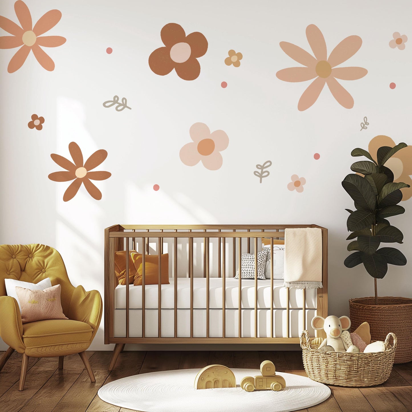 Boho Flower Wall Stickers Nursery Decor | Neutral Floral Wall Decals | Retro Daisy Nursery Stickers | Peel and Stick Kids Room Decor
