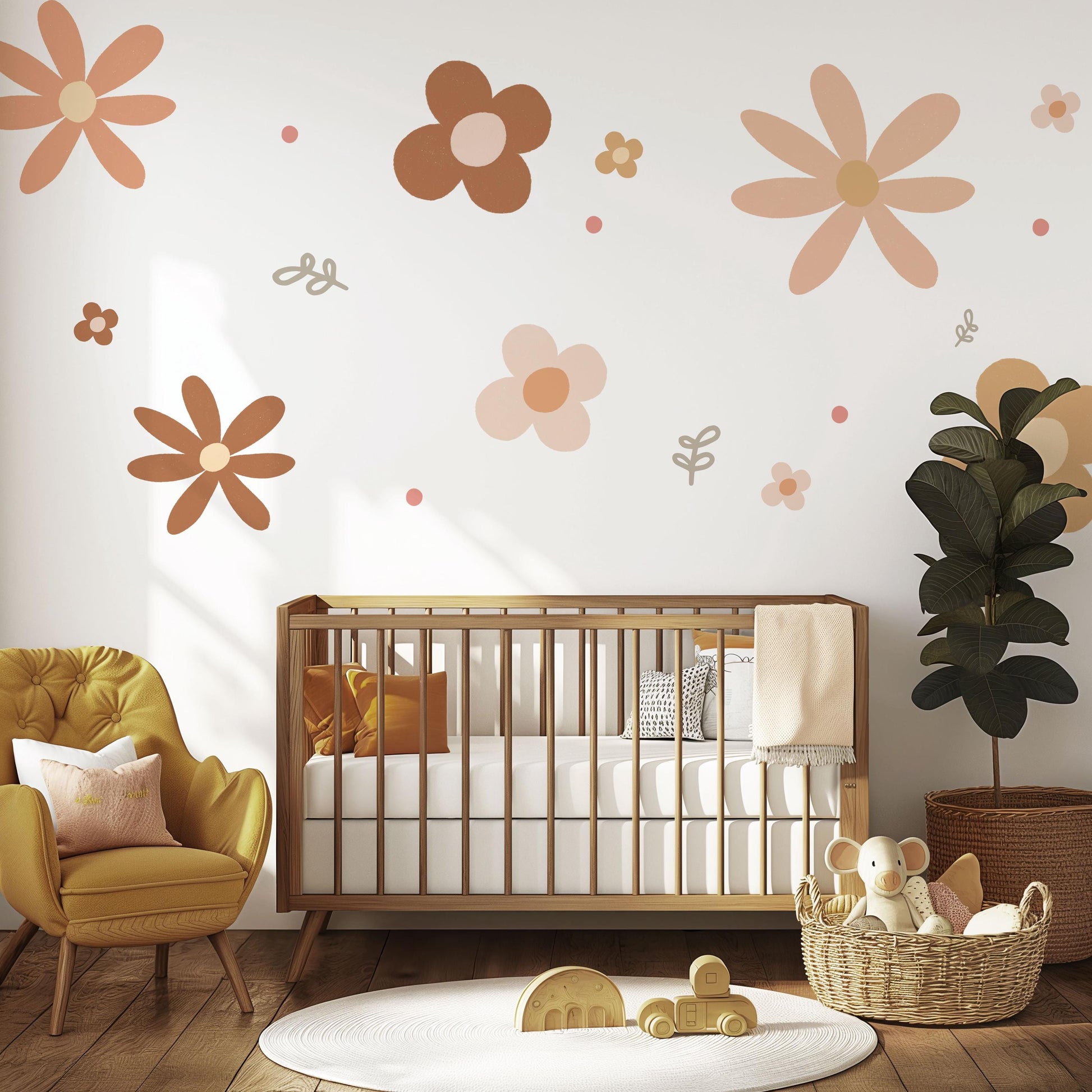Boho Flower Wall Stickers Nursery Decor | Neutral Floral Wall Decals | Retro Daisy Nursery Stickers | Peel and Stick Kids Room Decor